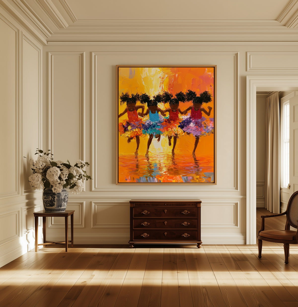 Barefoot Recital canvas above a dark wood chest in a hallway