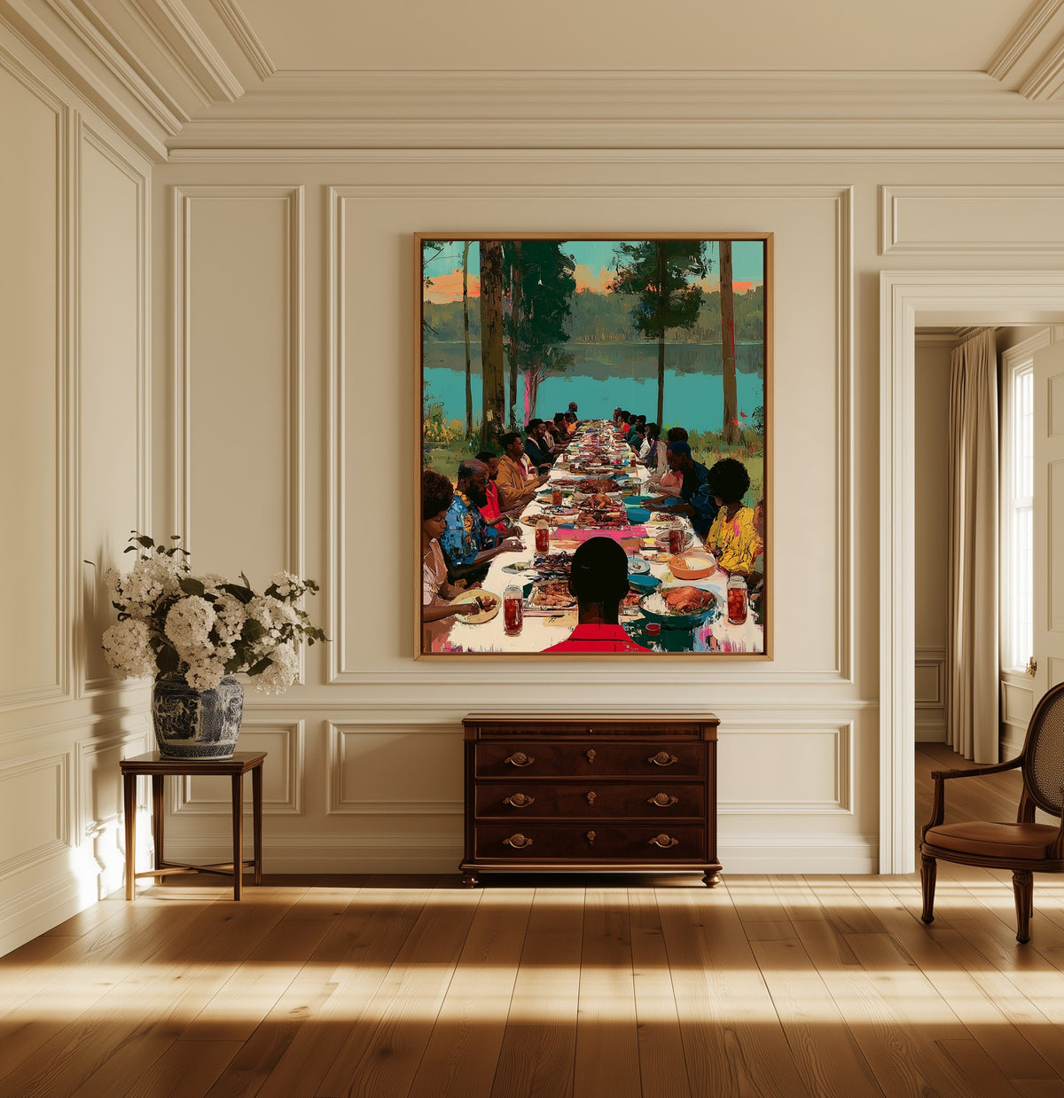 Lakeside Supper canvas above a dark wood chest in a hallway