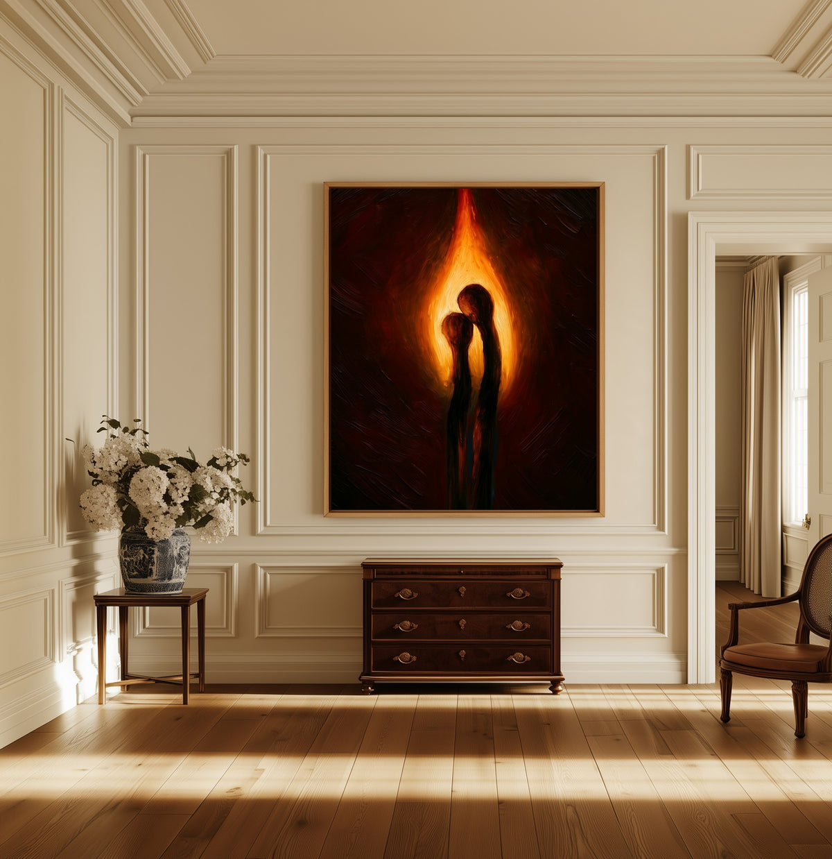 One Flame canvas above a dark wood chest in a hallway