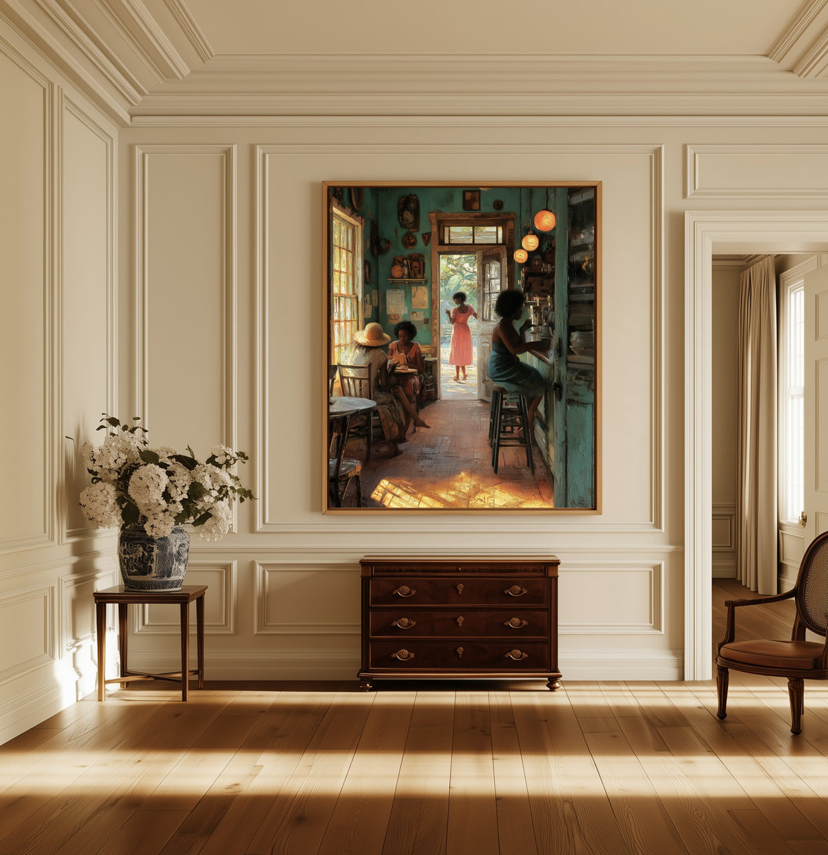 Morning at the Café canvas above a dark wood chest in a hallway