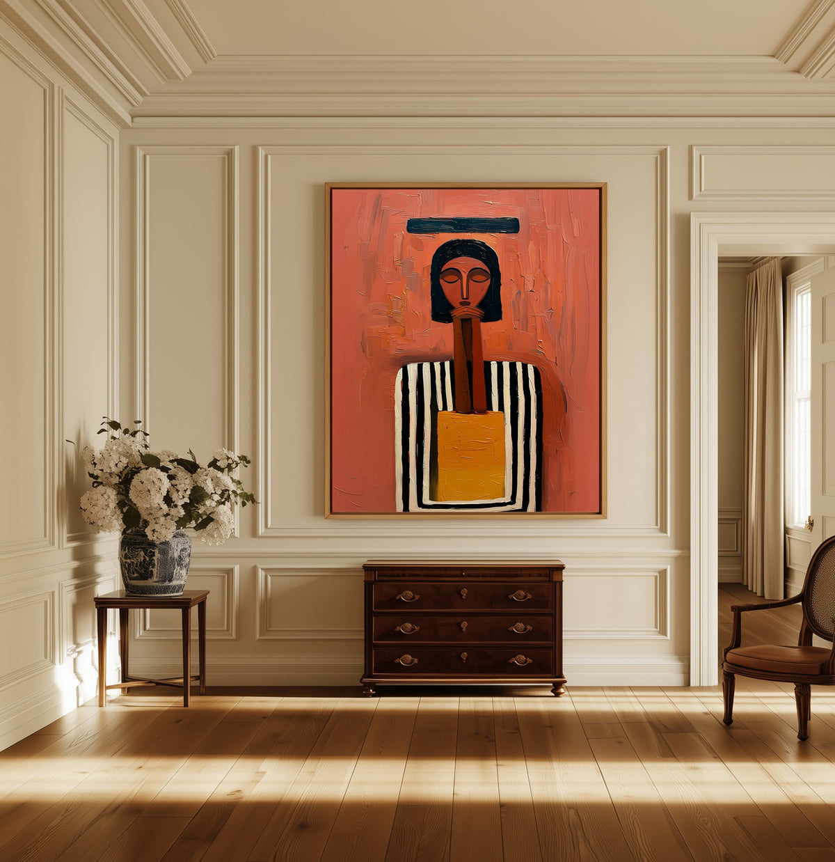 Woman Keeping Counsel canvas above a dark wood chest in a hallway