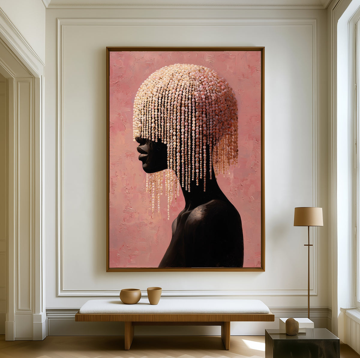 Veil of Pearls canvas above a walnut bench in a bright living room