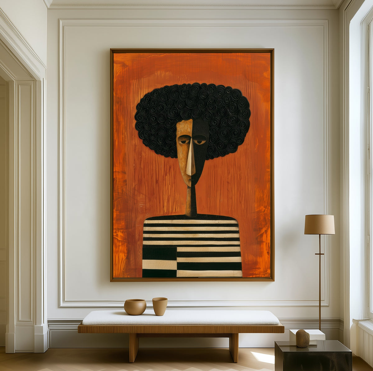 The Cubist canvas above a walnut bench in a bright living room