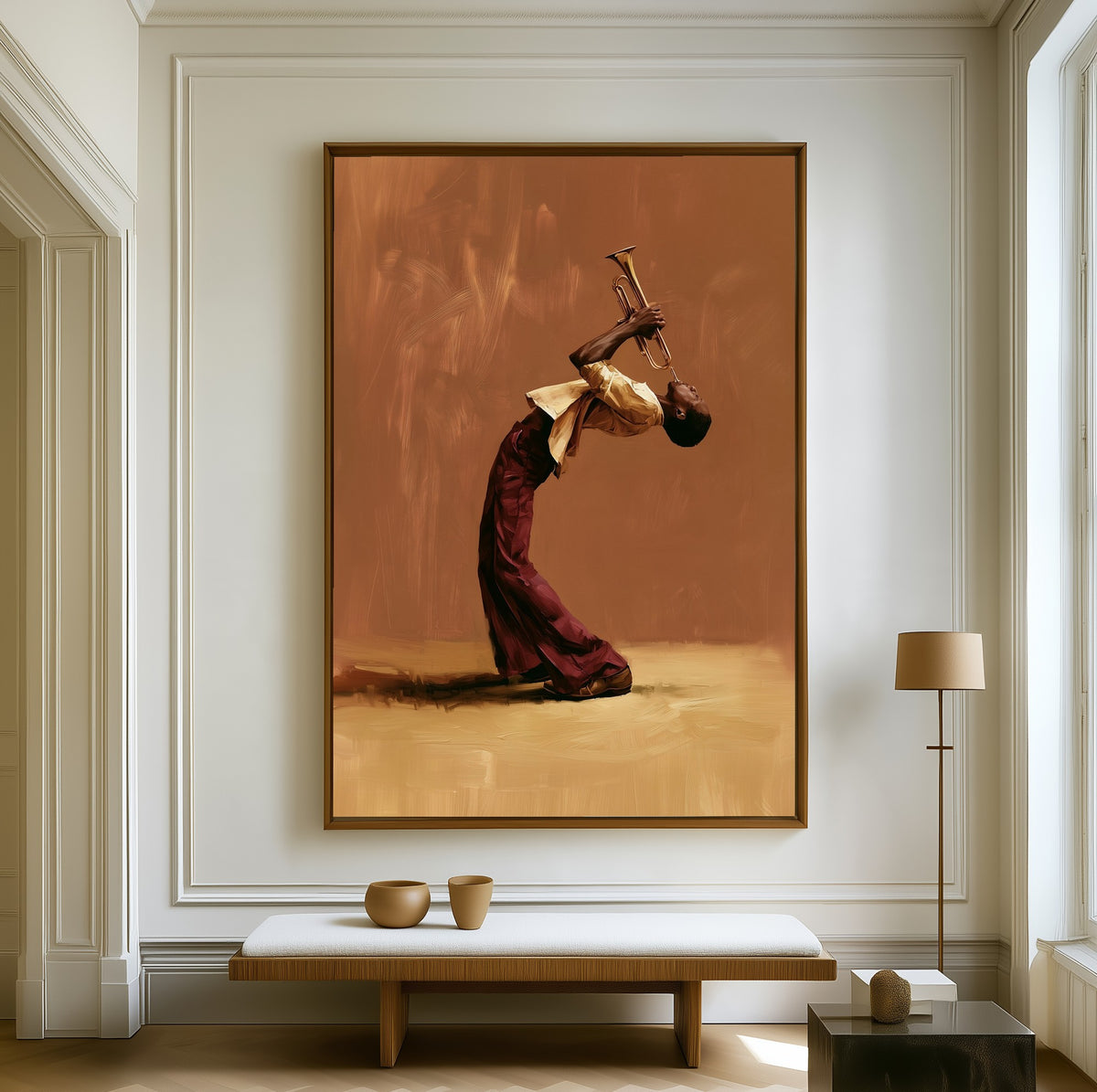 The Last Note canvas above a walnut bench in a bright living room