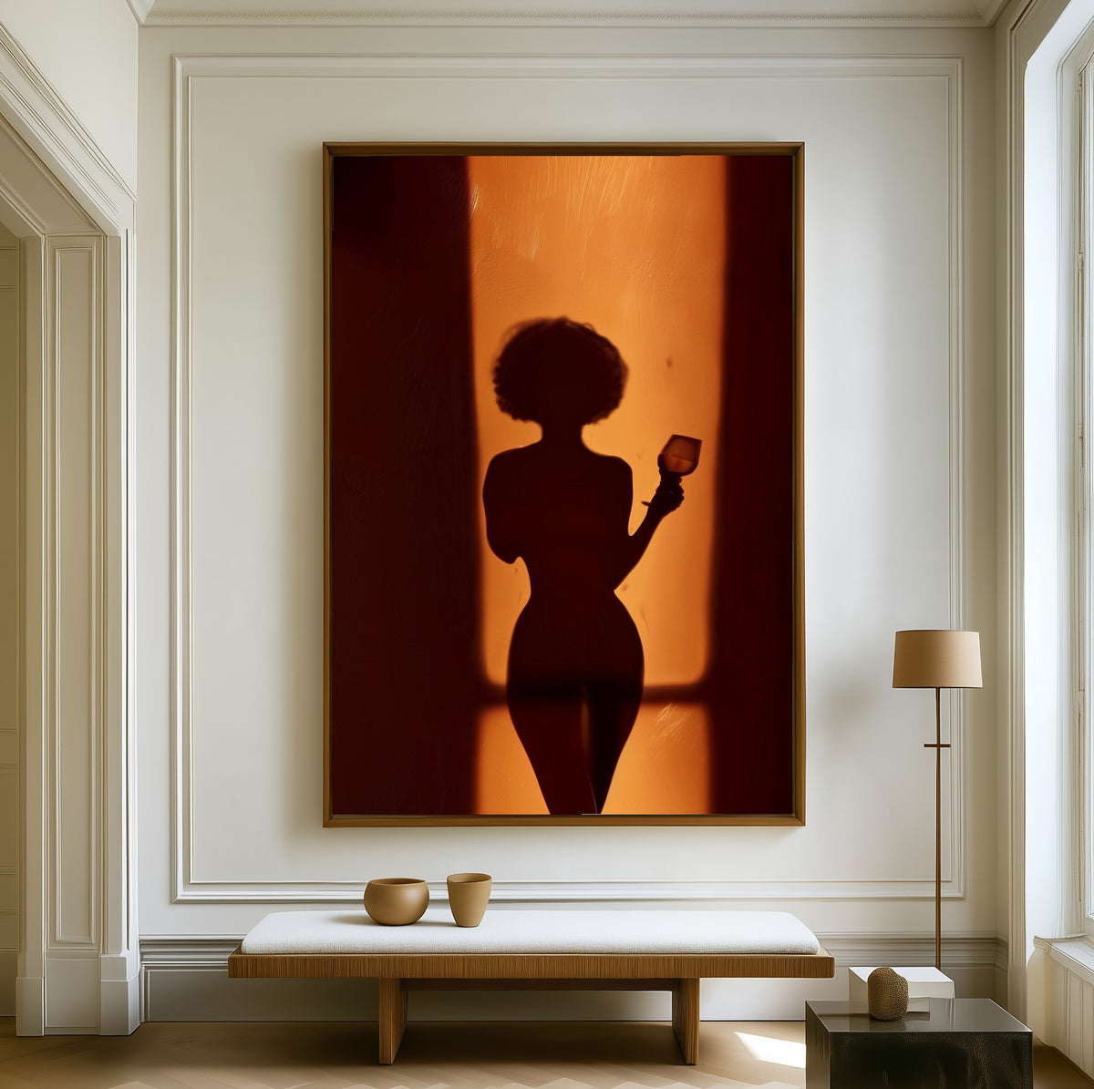 Silhouette at the Door canvas above a walnut bench in a bright living room