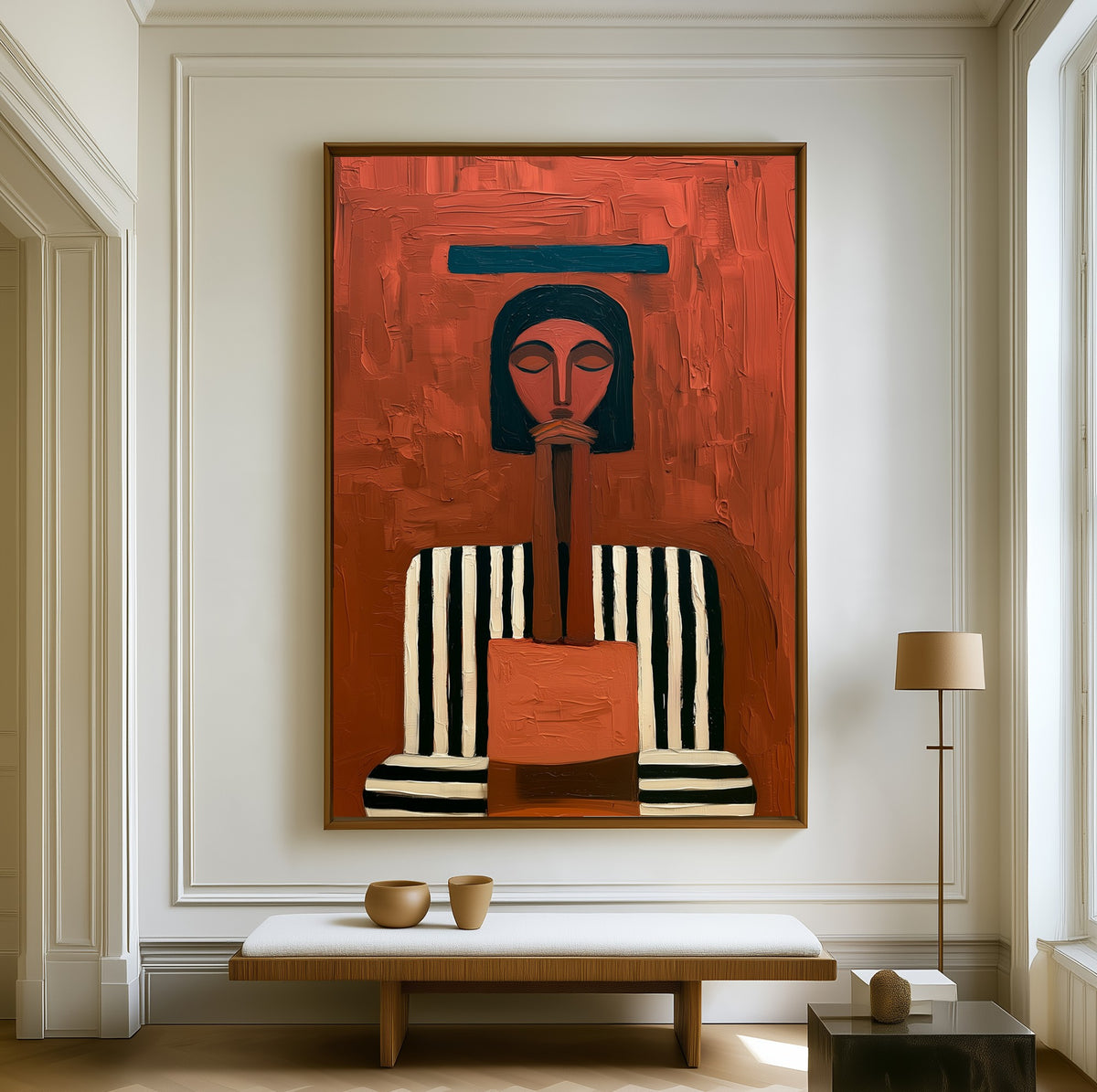 The Vigil canvas above a walnut bench in a bright living room