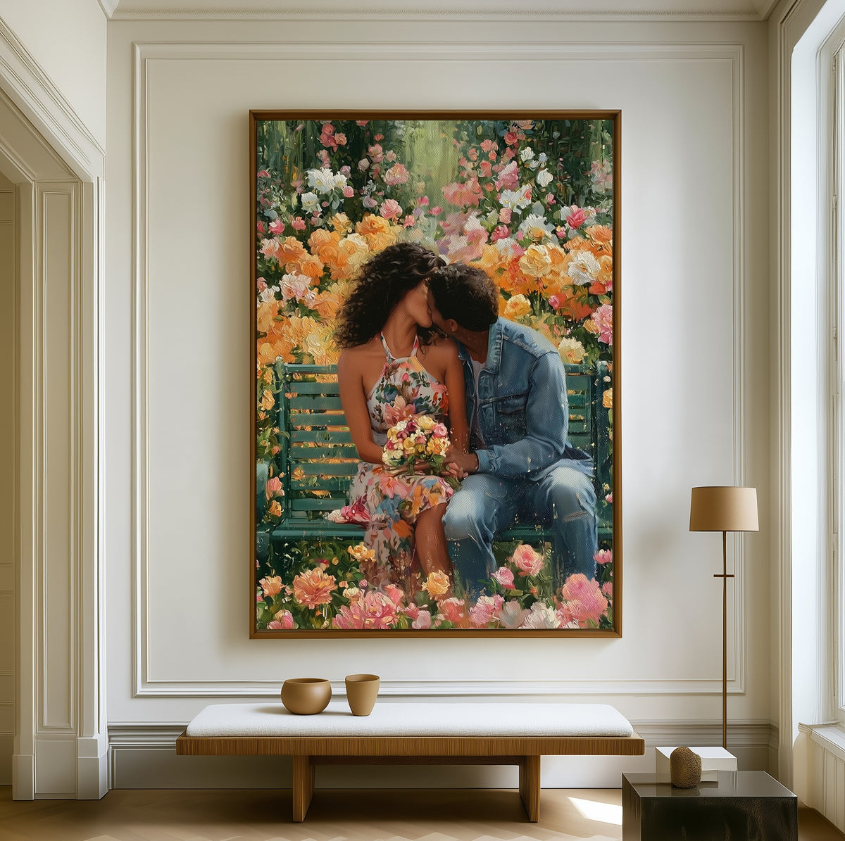 The Garden Bench canvas above a walnut bench in a bright living room