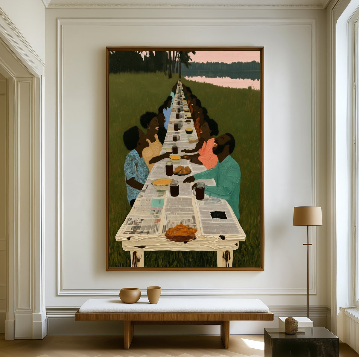 The Long Table canvas above a walnut bench in a bright living room