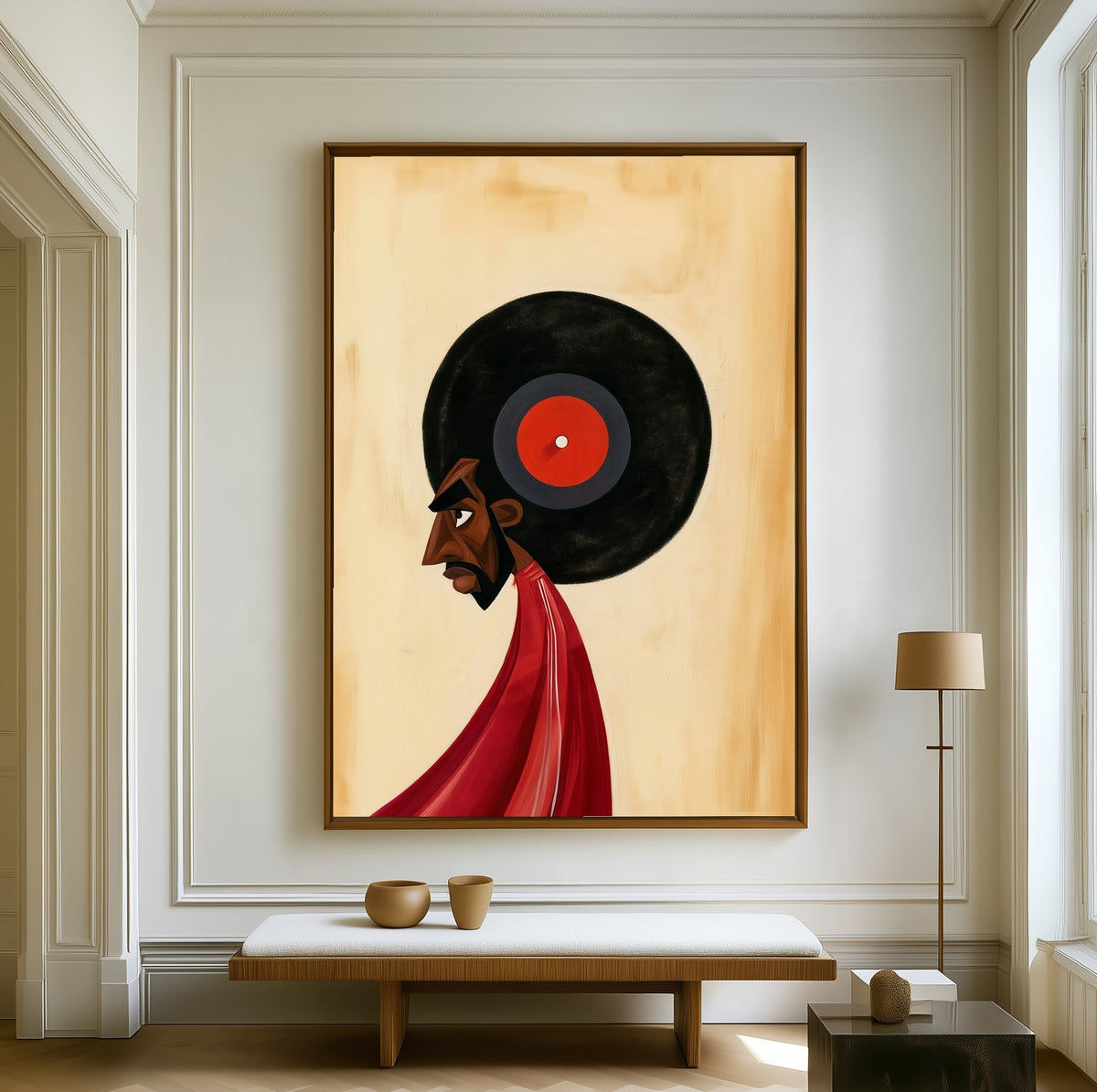 The Listener canvas above a walnut bench in a bright living room