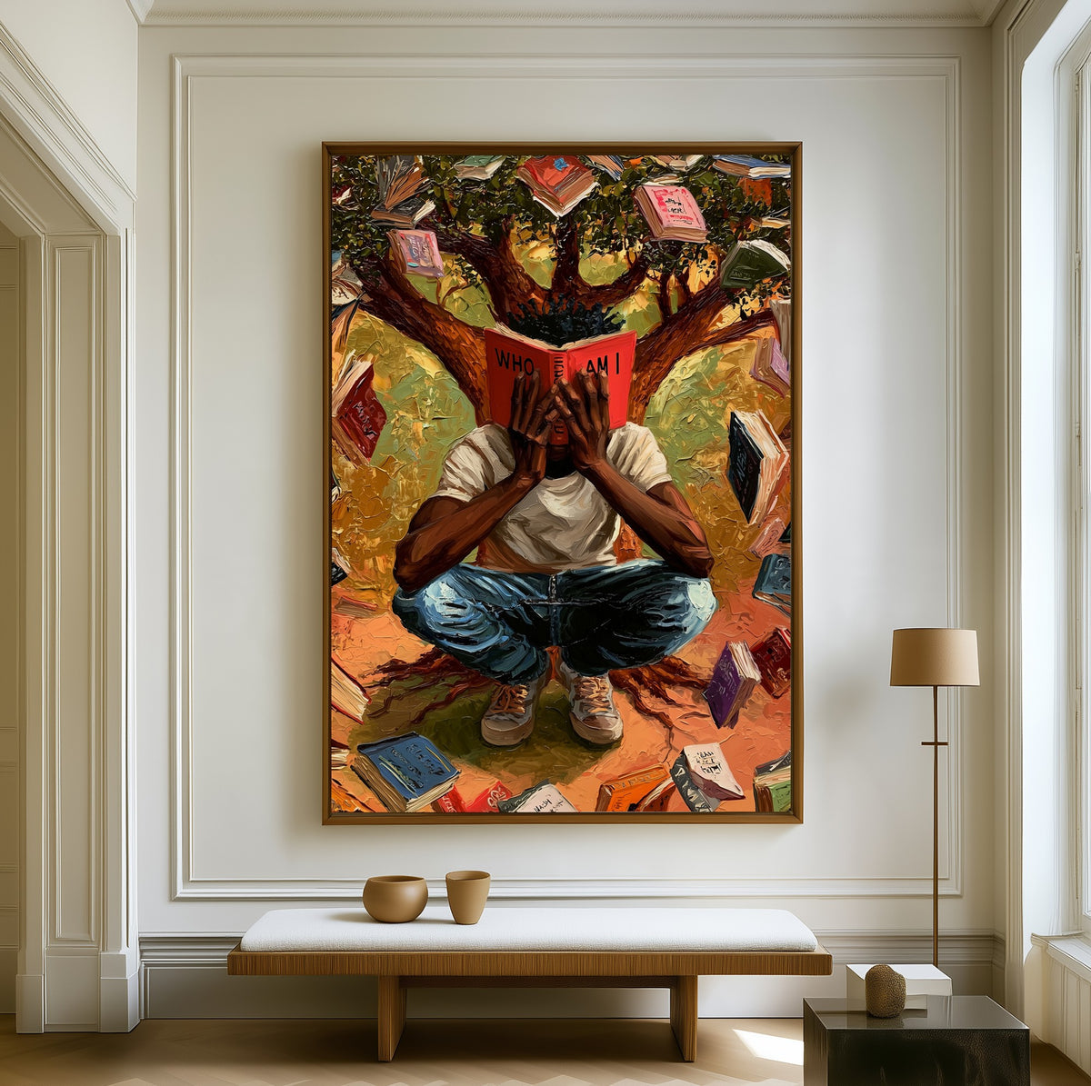 Who Am I canvas above a walnut bench in a bright living room