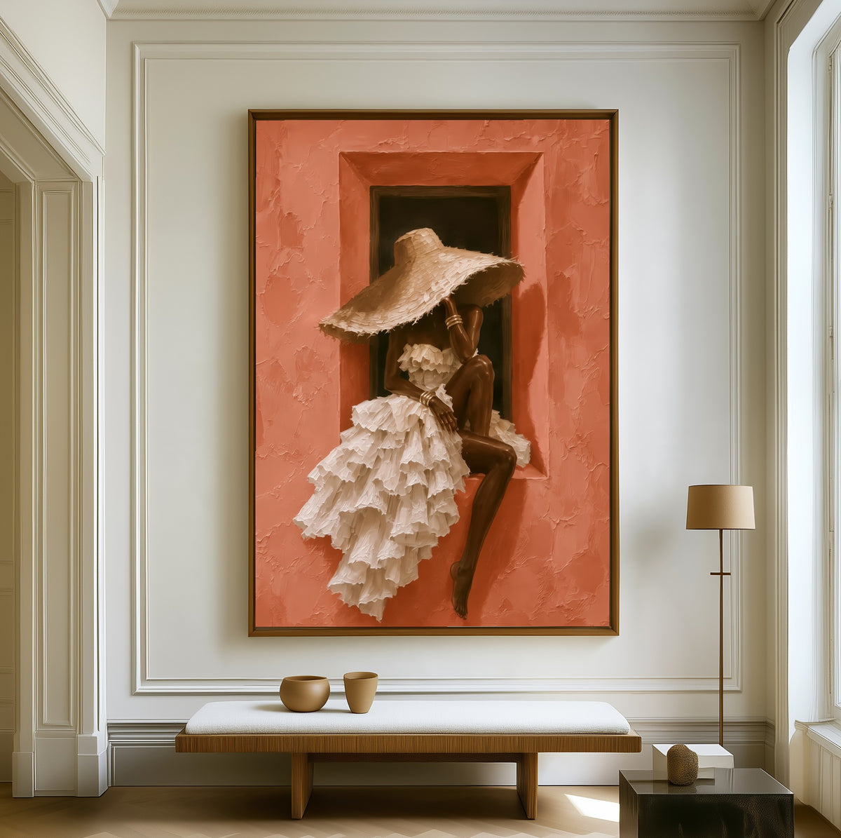 The Window Seat canvas above a walnut bench in a bright living room