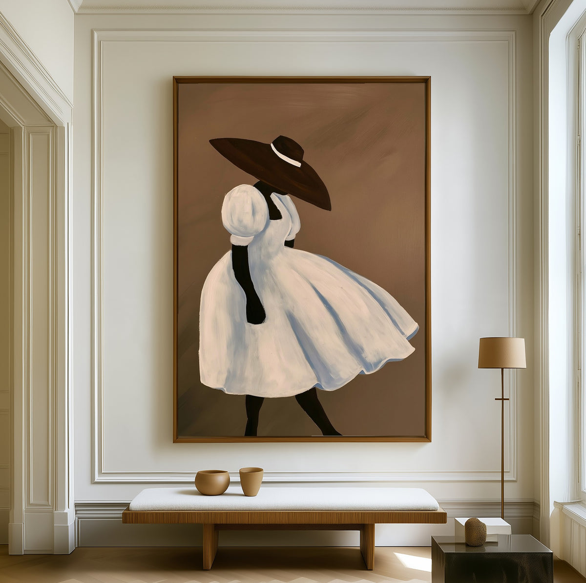 The White Dress canvas above a walnut bench in a bright living room