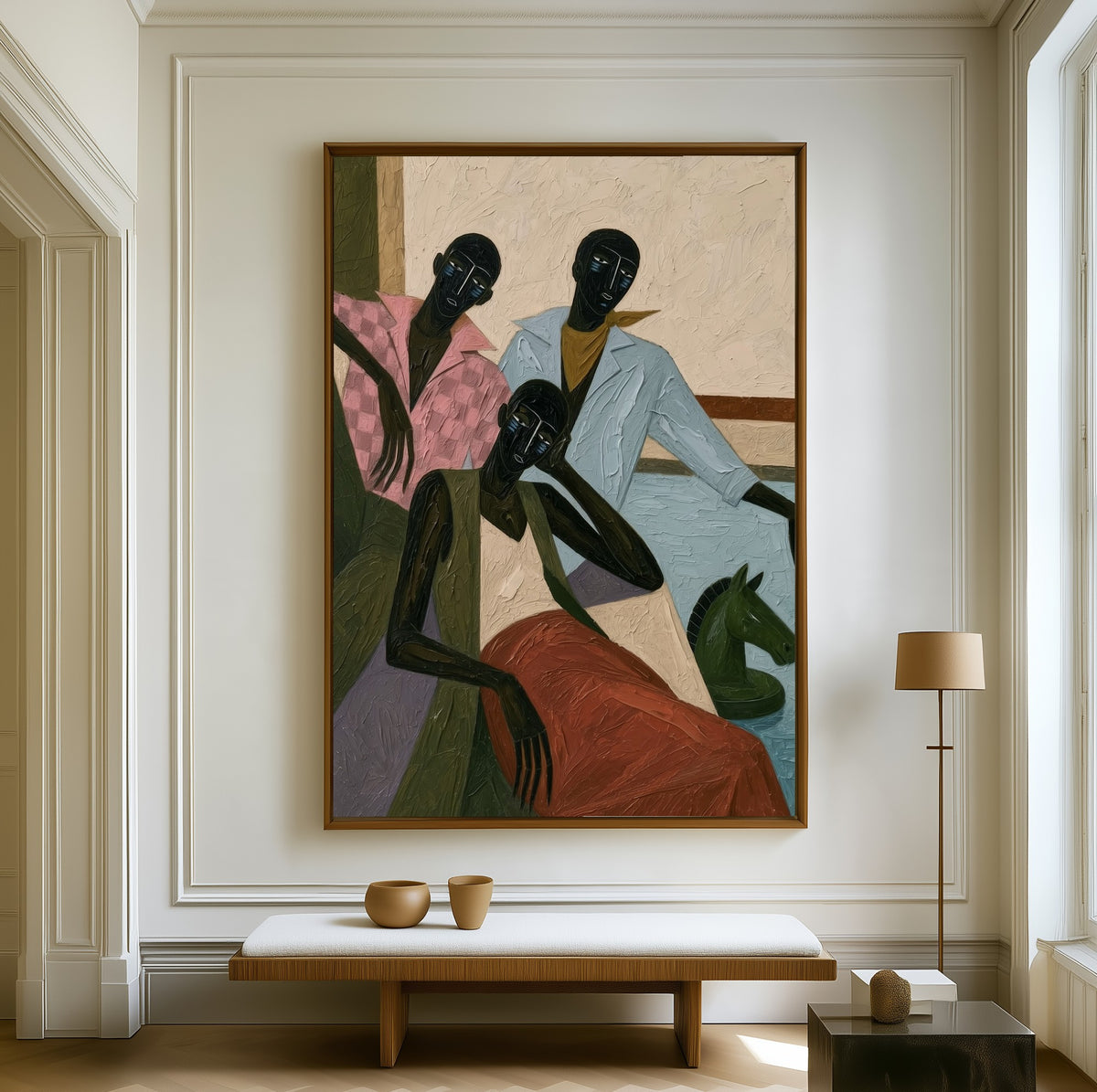 The Chess Players canvas above a walnut bench in a bright living room