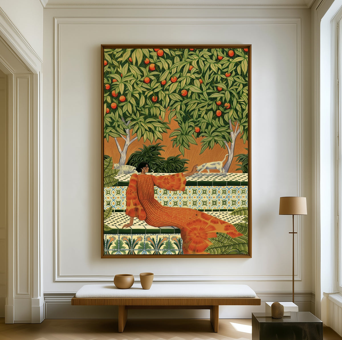 Orchard Heat canvas above a walnut bench in a bright living room
