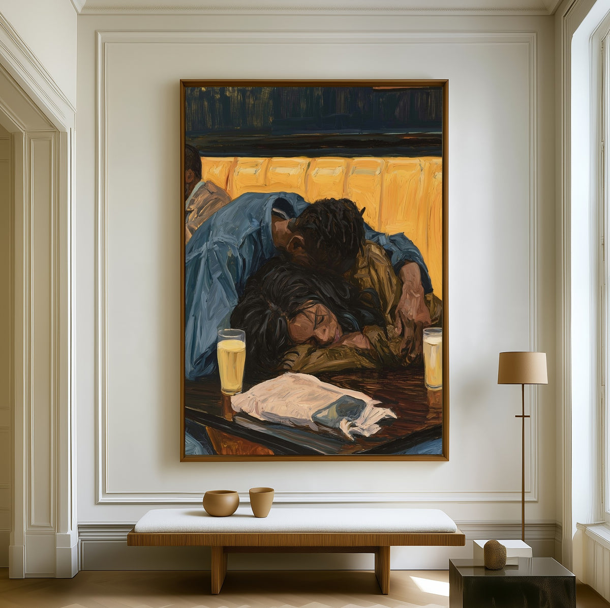 Last Call canvas above a walnut bench in a bright living room