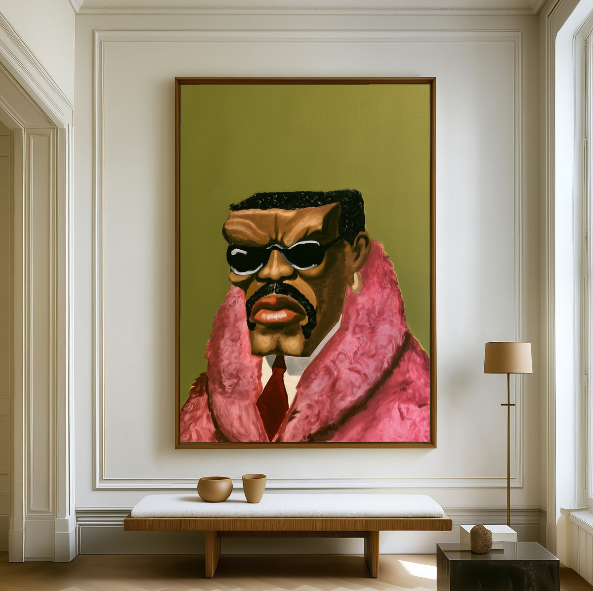 Gentleman in Pink Fur canvas above a walnut bench in a bright living room