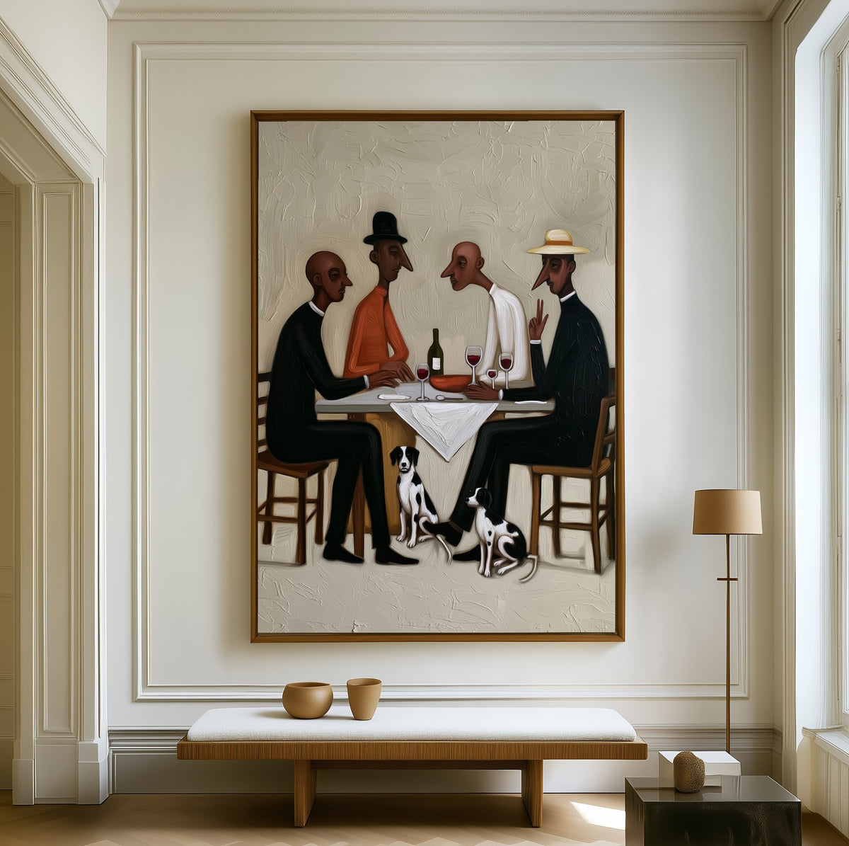 Four at the Table canvas above a walnut bench in a bright living room