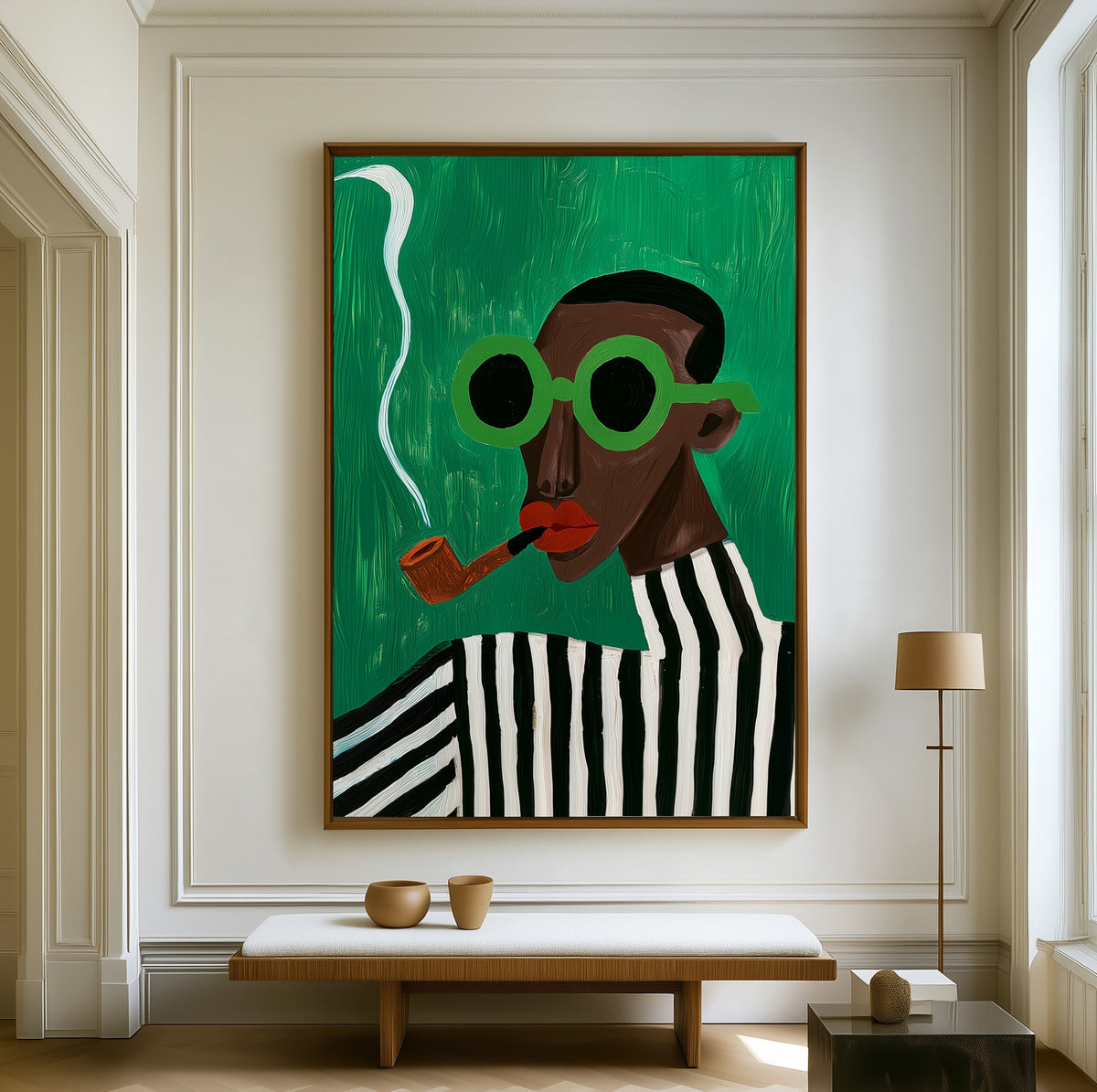 Slow Smoke canvas above a walnut bench in a bright living room