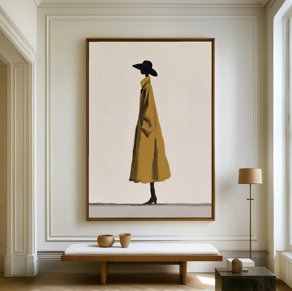 Mustard Solitude canvas above a walnut bench in a bright living room