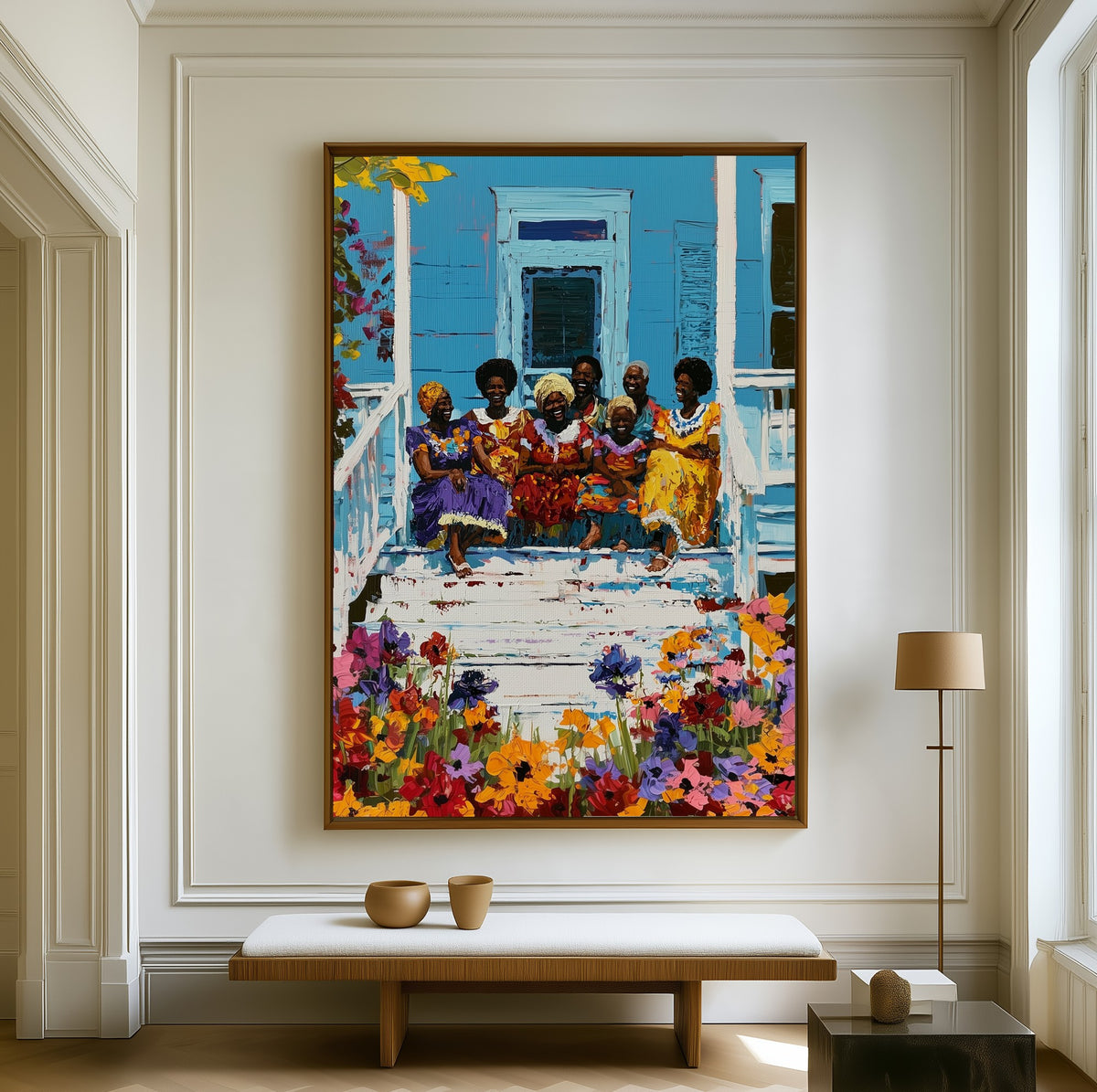 Front Porch Reunion canvas above a walnut bench in a bright living room