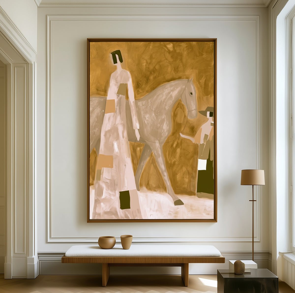 Ochre Distance canvas above a walnut bench in a bright living room