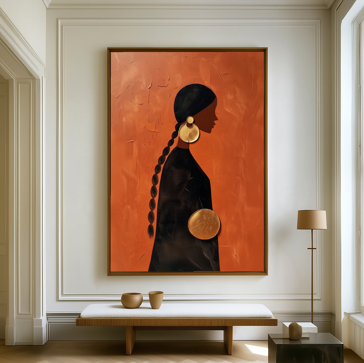The Long Braid canvas above a walnut bench in a bright living room
