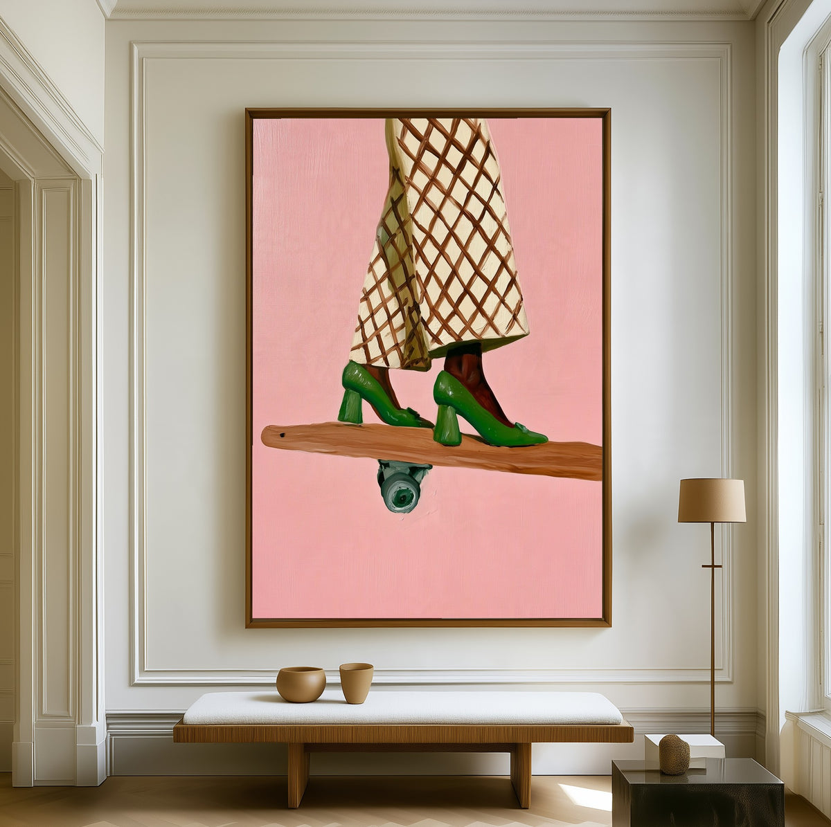 Poise canvas above a walnut bench in a bright living room