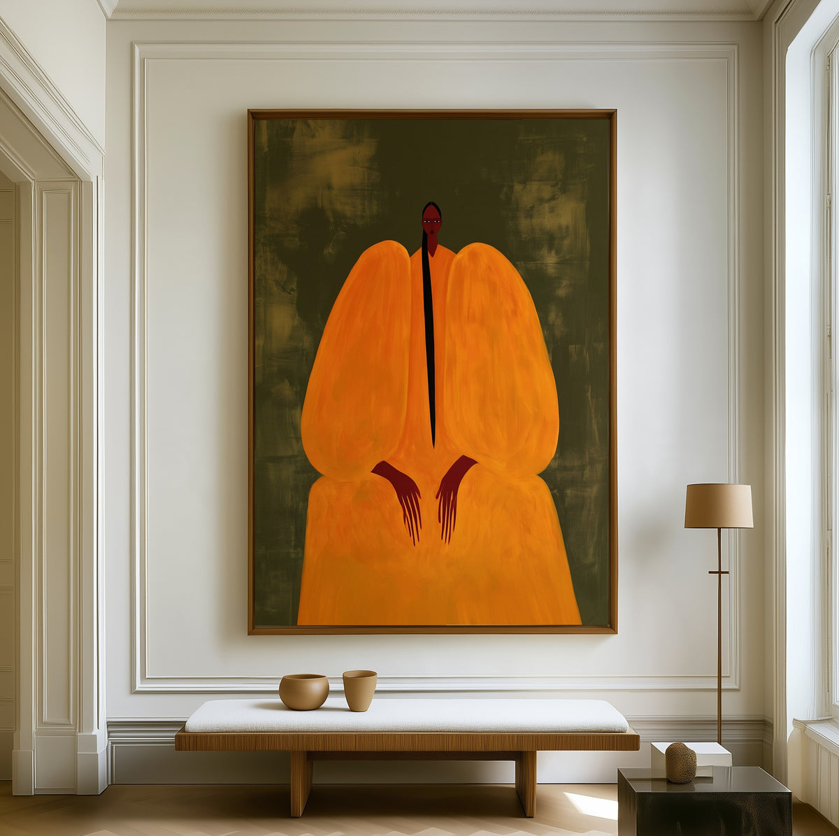 Saffron Hush canvas above a walnut bench in a bright living room