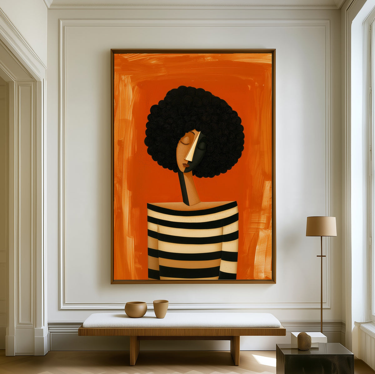 Held Breath canvas above a walnut bench in a bright living room