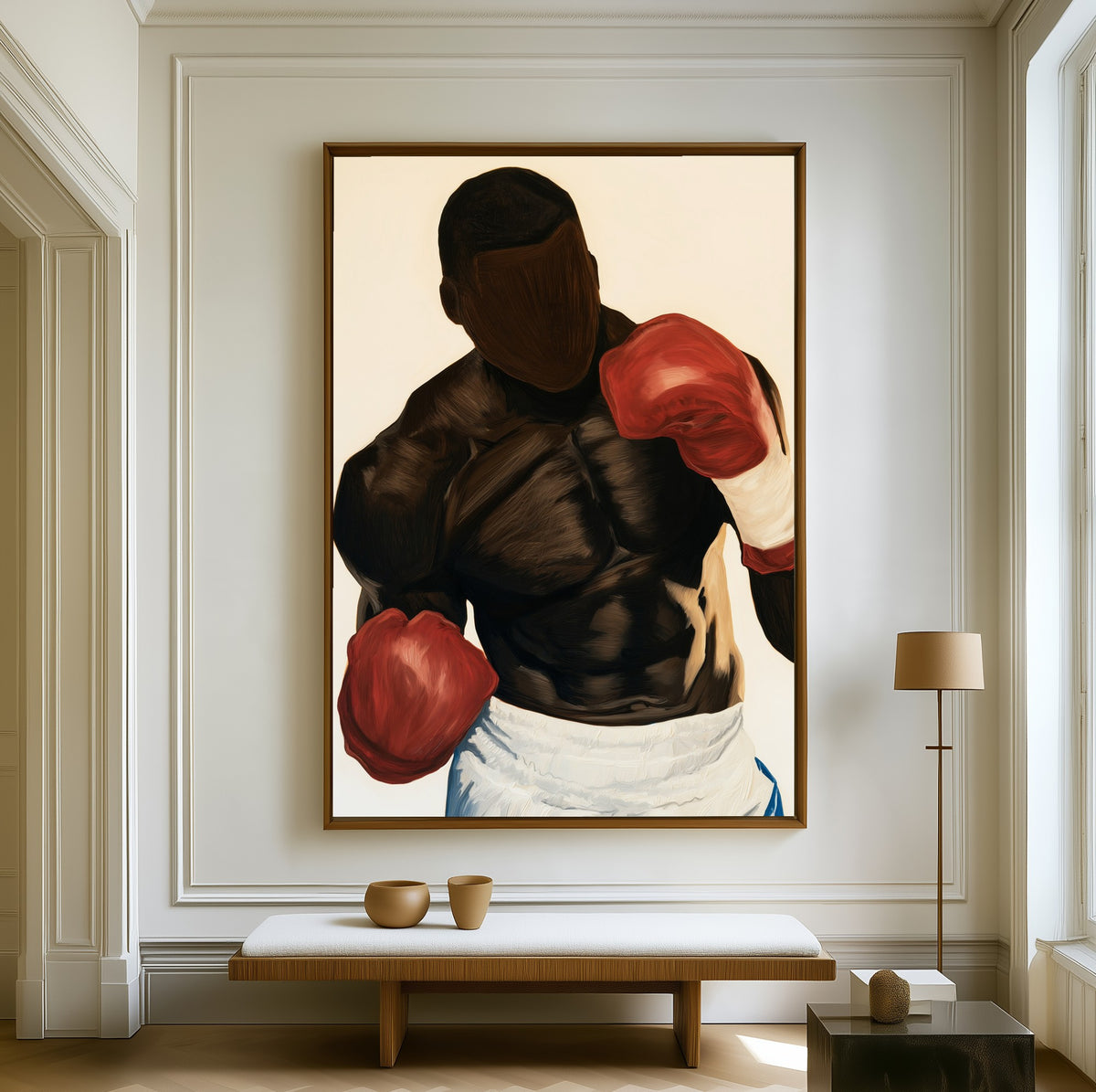 The Contender canvas above a walnut bench in a bright living room