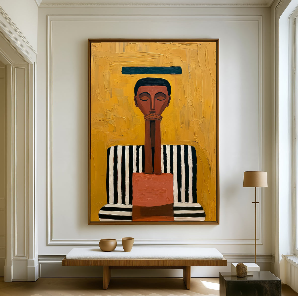 Golden Composure canvas above a walnut bench in a bright living room