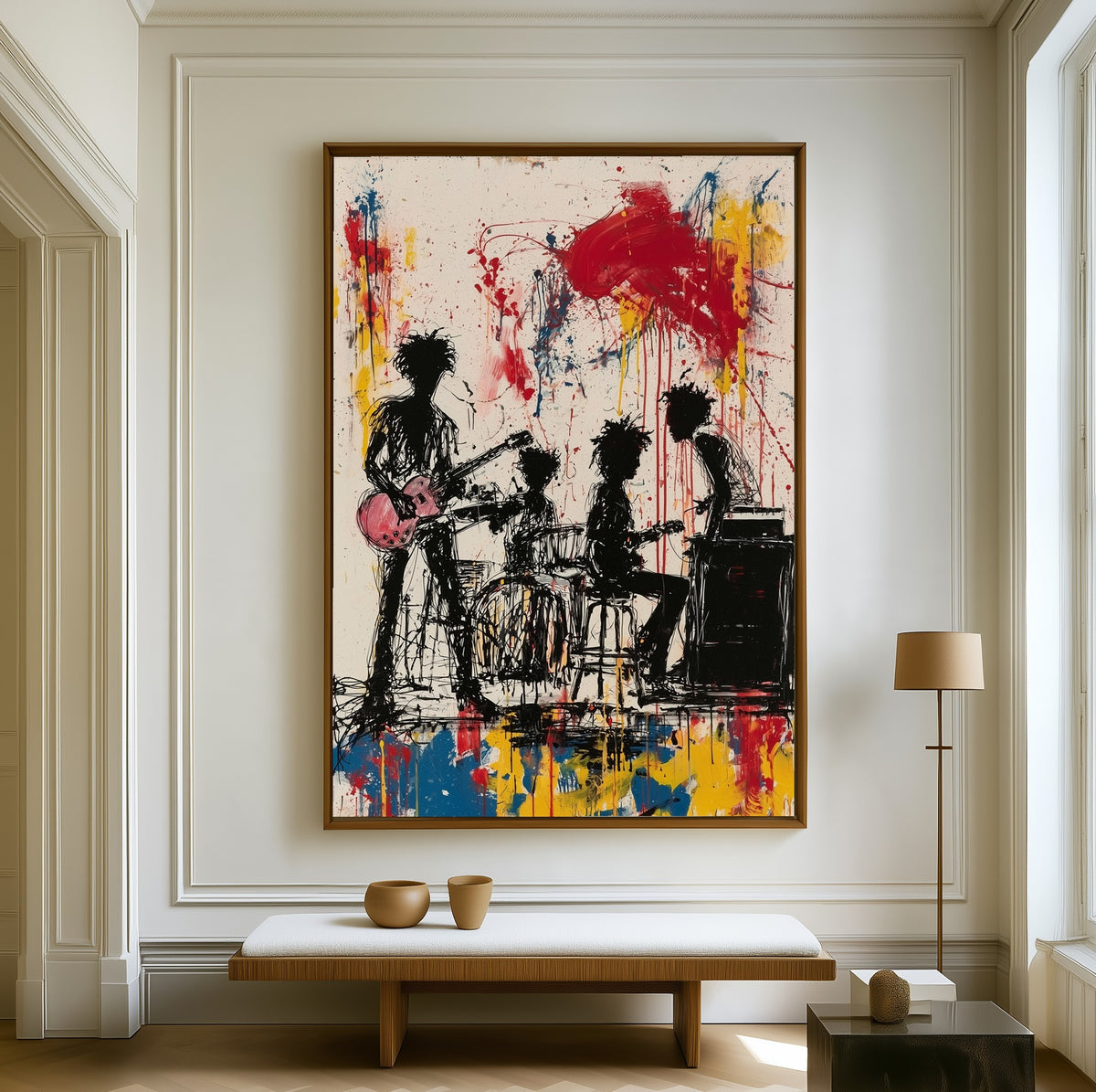 Quartet in Ink canvas above a walnut bench in a bright living room