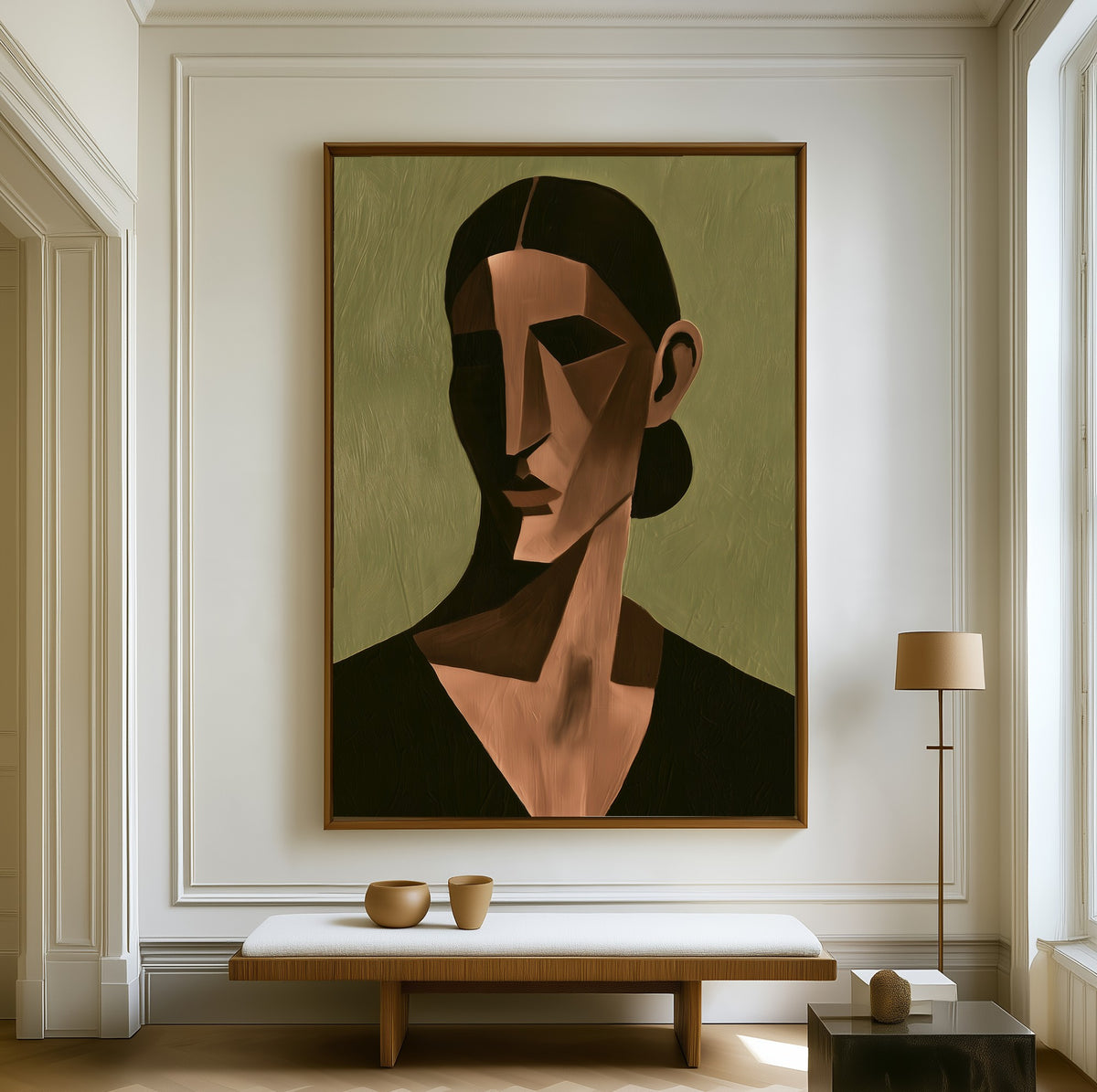 Quiet Geometry canvas above a walnut bench in a bright living room