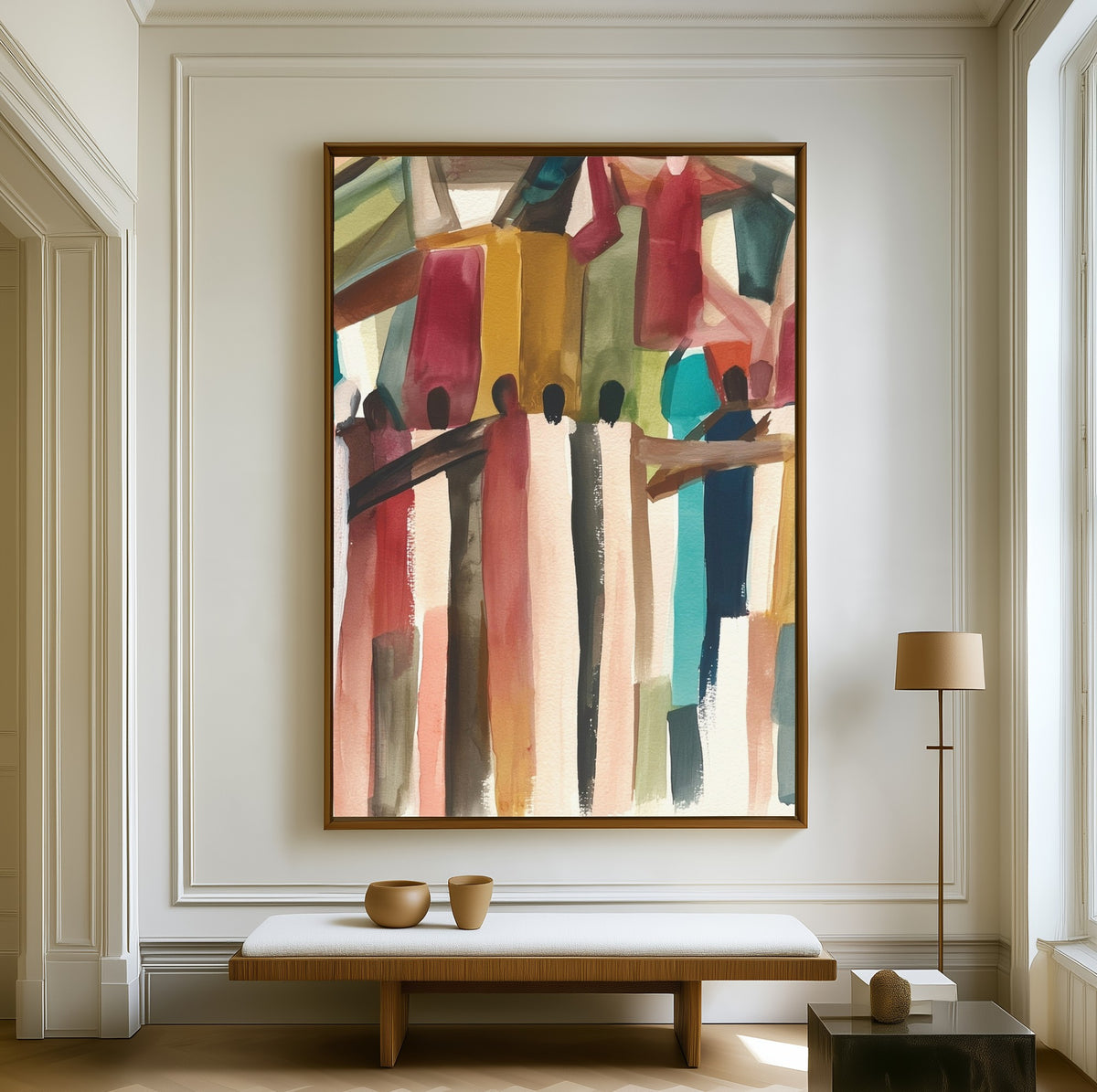 Shoulder to Shoulder canvas above a walnut bench in a bright living room