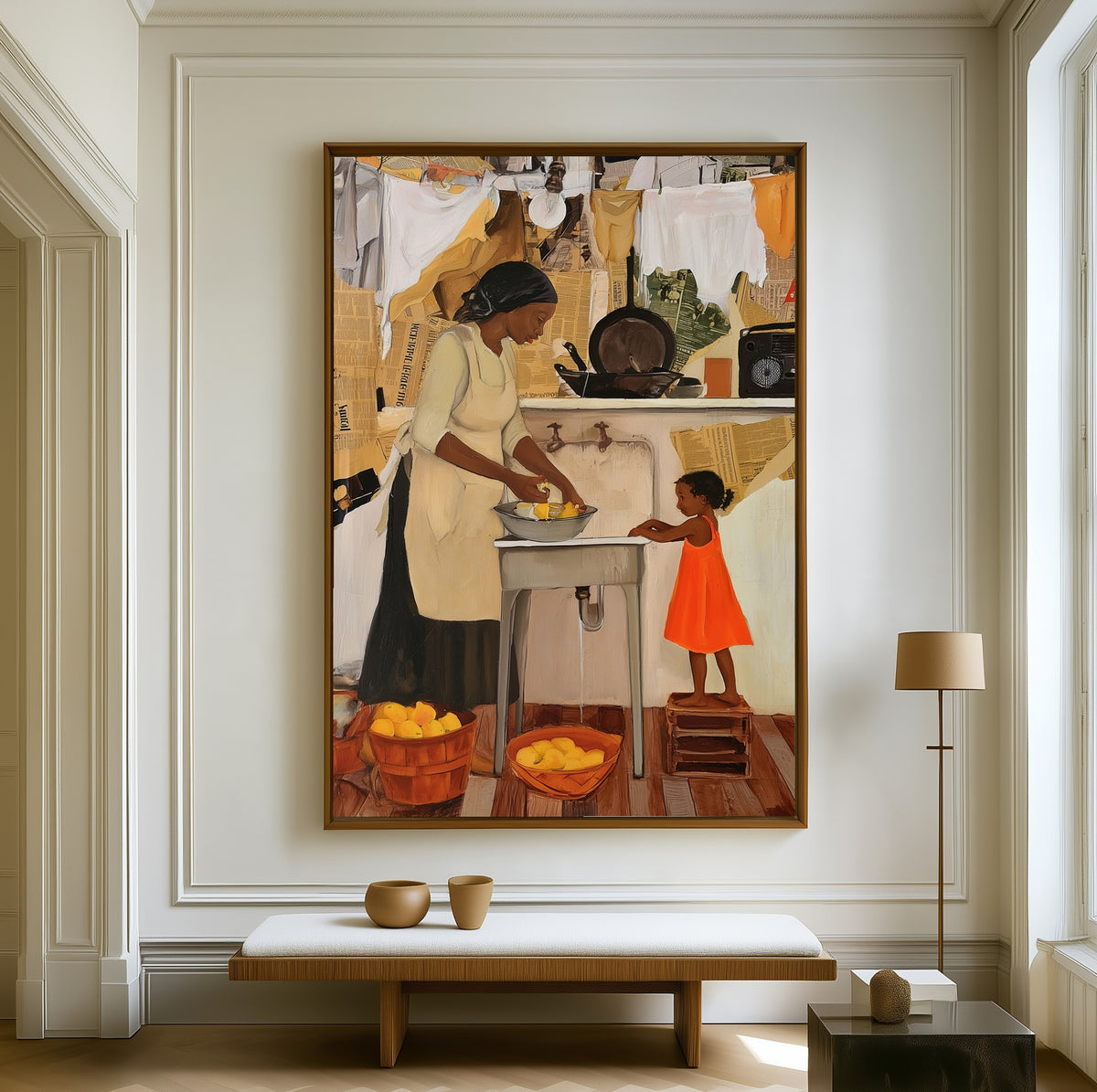 Mother with Lemons canvas above a walnut bench in a bright living room
