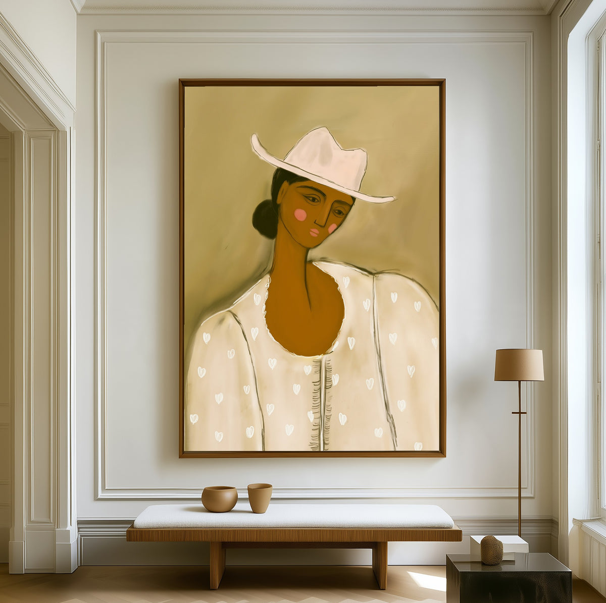 Girl in Stetson canvas above a walnut bench in a bright living room