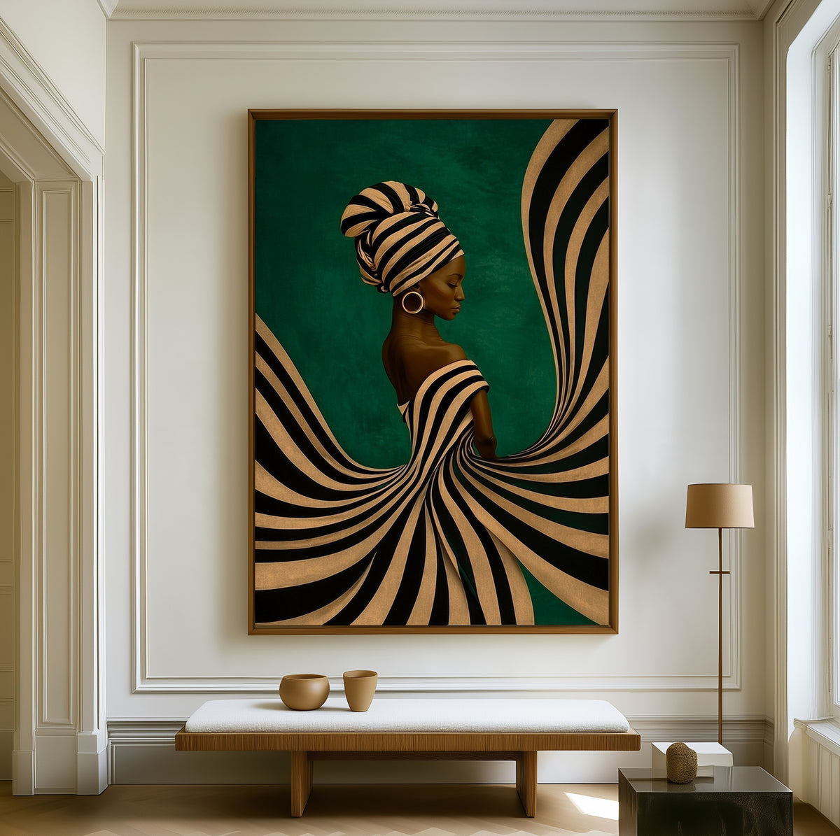 Spiral Gown canvas above a walnut bench in a bright living room