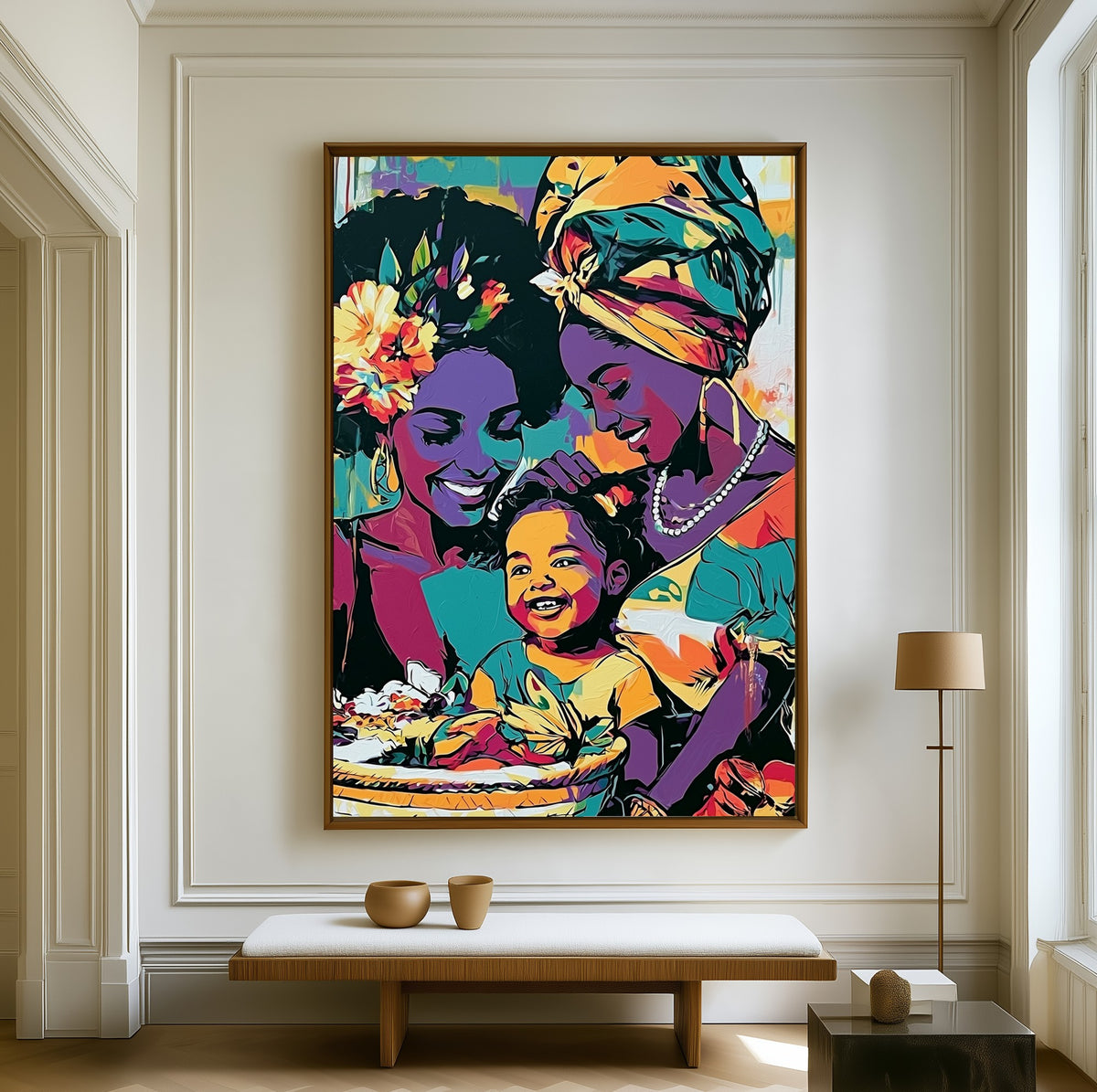 Held Between Us canvas above a walnut bench in a bright living room