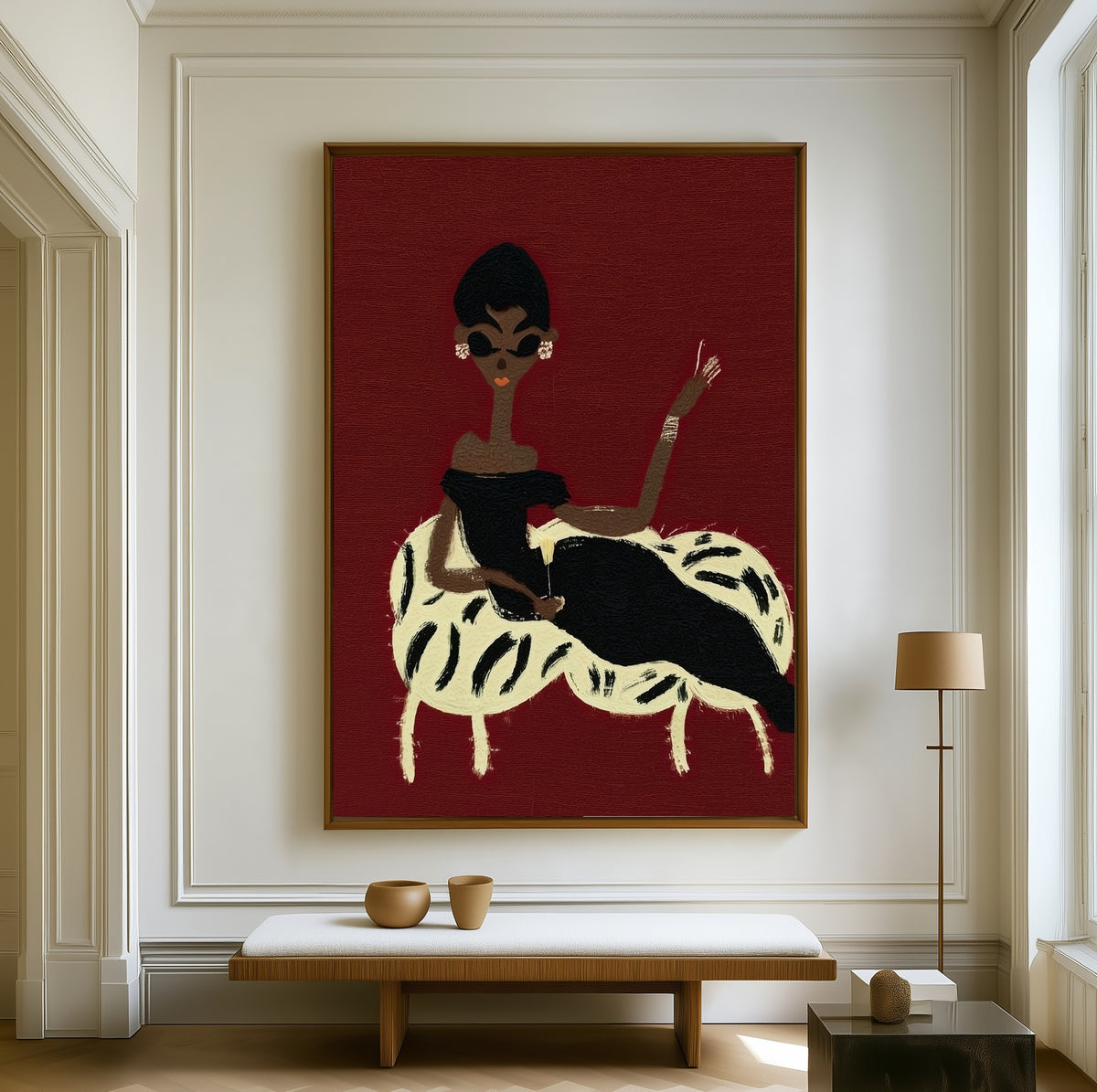 Lady on the Chaise canvas above a walnut bench in a bright living room