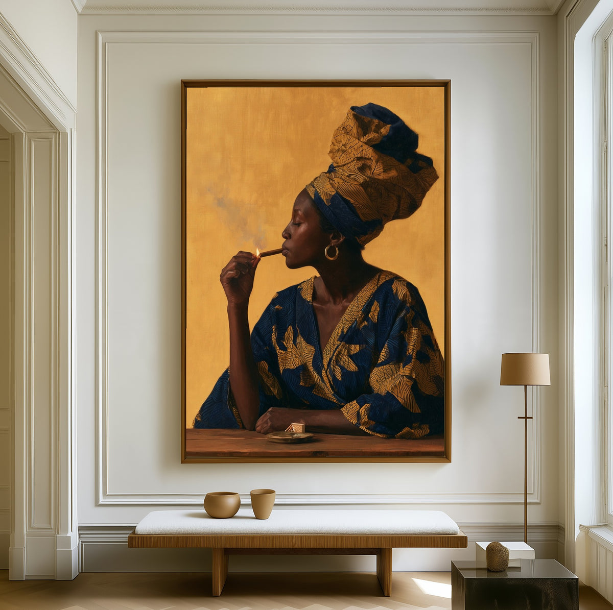 Woman with a Match canvas above a walnut bench in a bright living room