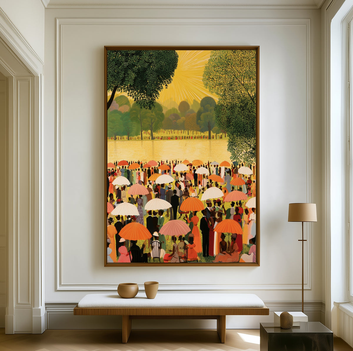 Reunion by the Lake canvas above a walnut bench in a bright living room