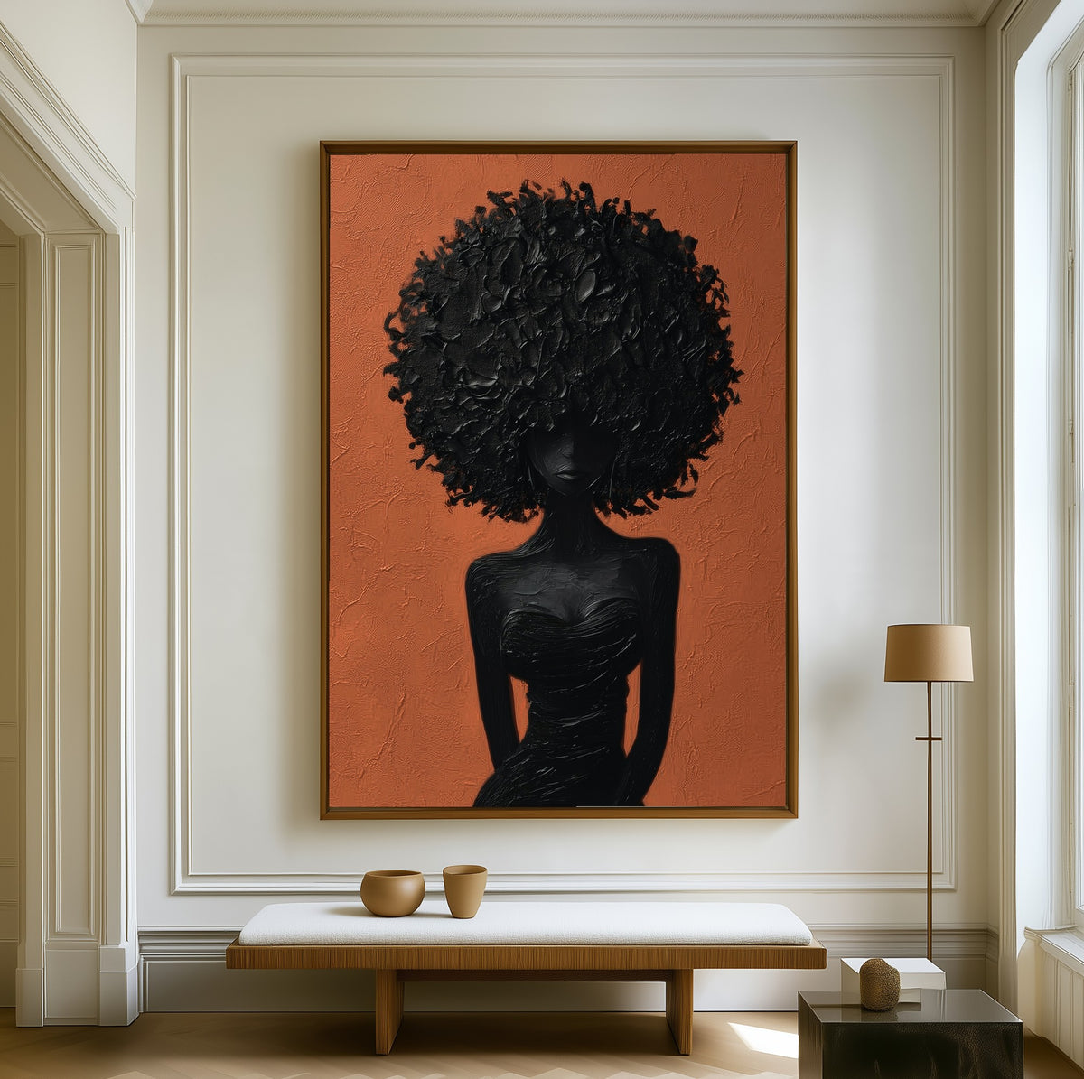 Terracotta Silence canvas above a walnut bench in a bright living room