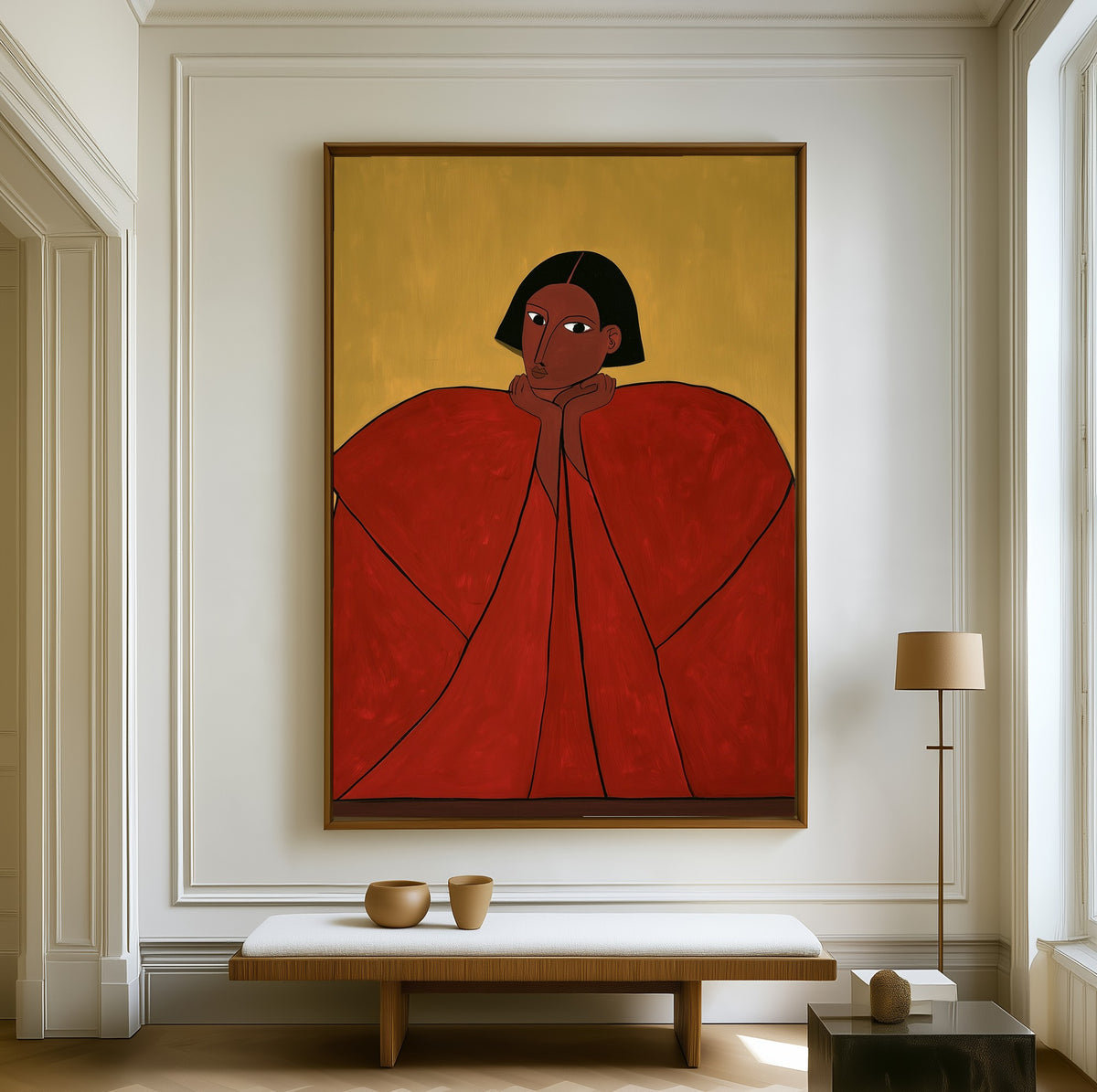 Crimson Repose canvas above a walnut bench in a bright living room