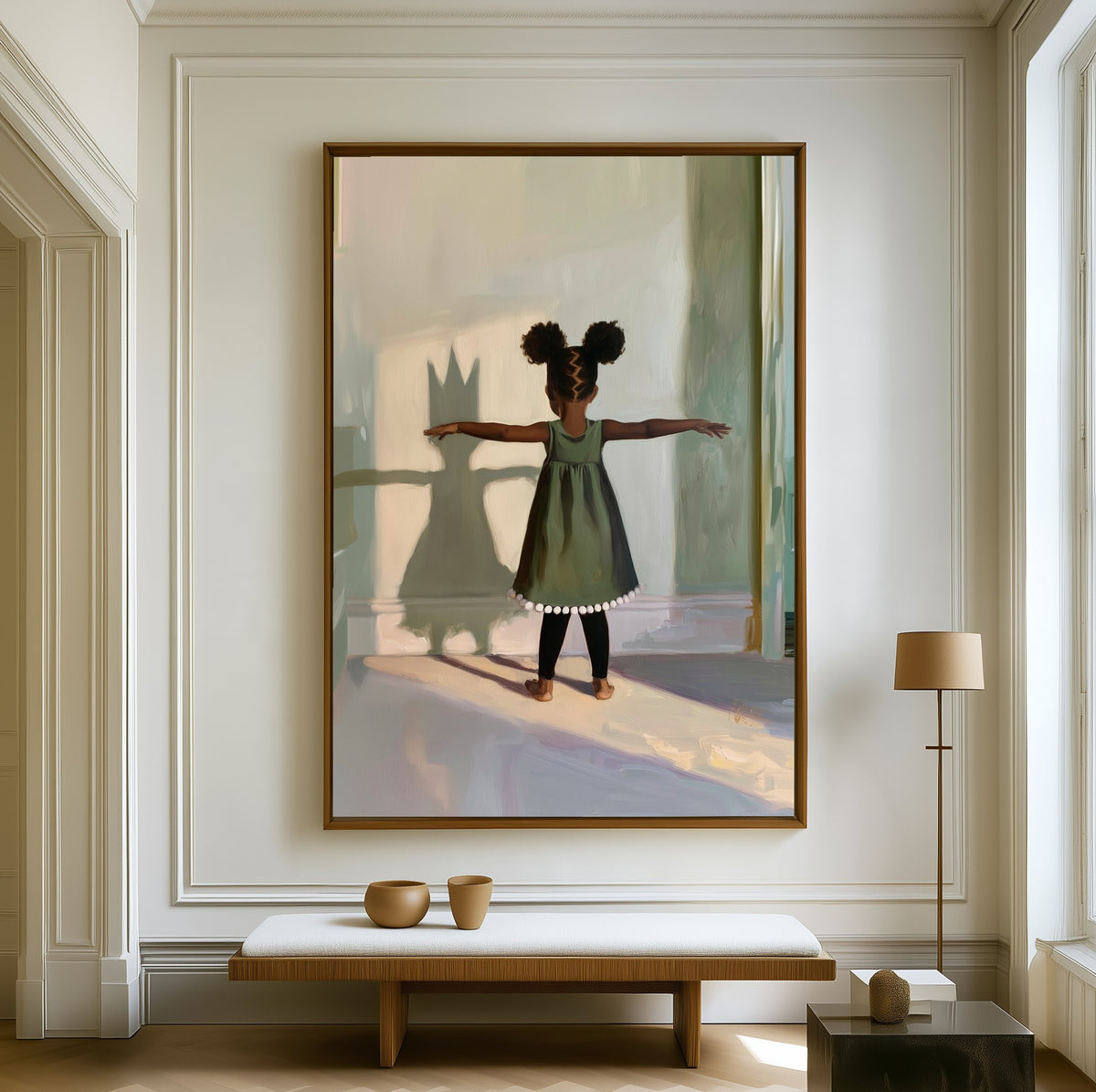 The Crowned Shadow canvas above a walnut bench in a bright living room