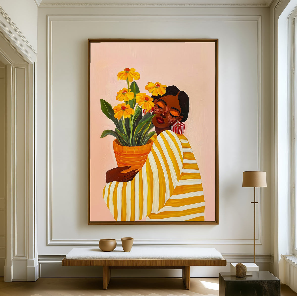 Woman with Marigolds canvas above a walnut bench in a bright living room