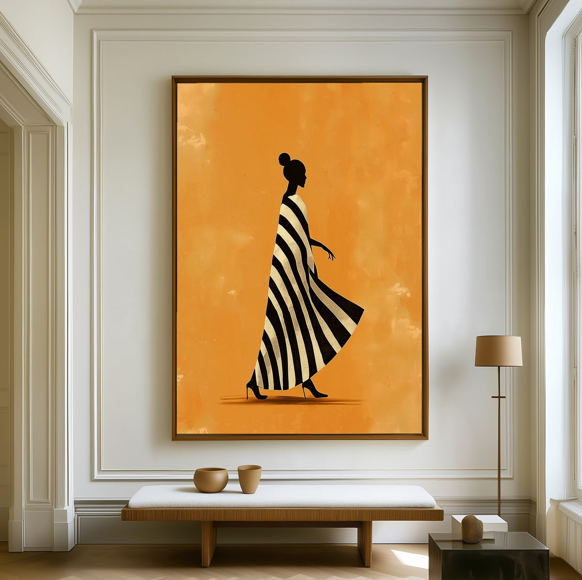 Promenade canvas above a walnut bench in a bright living room