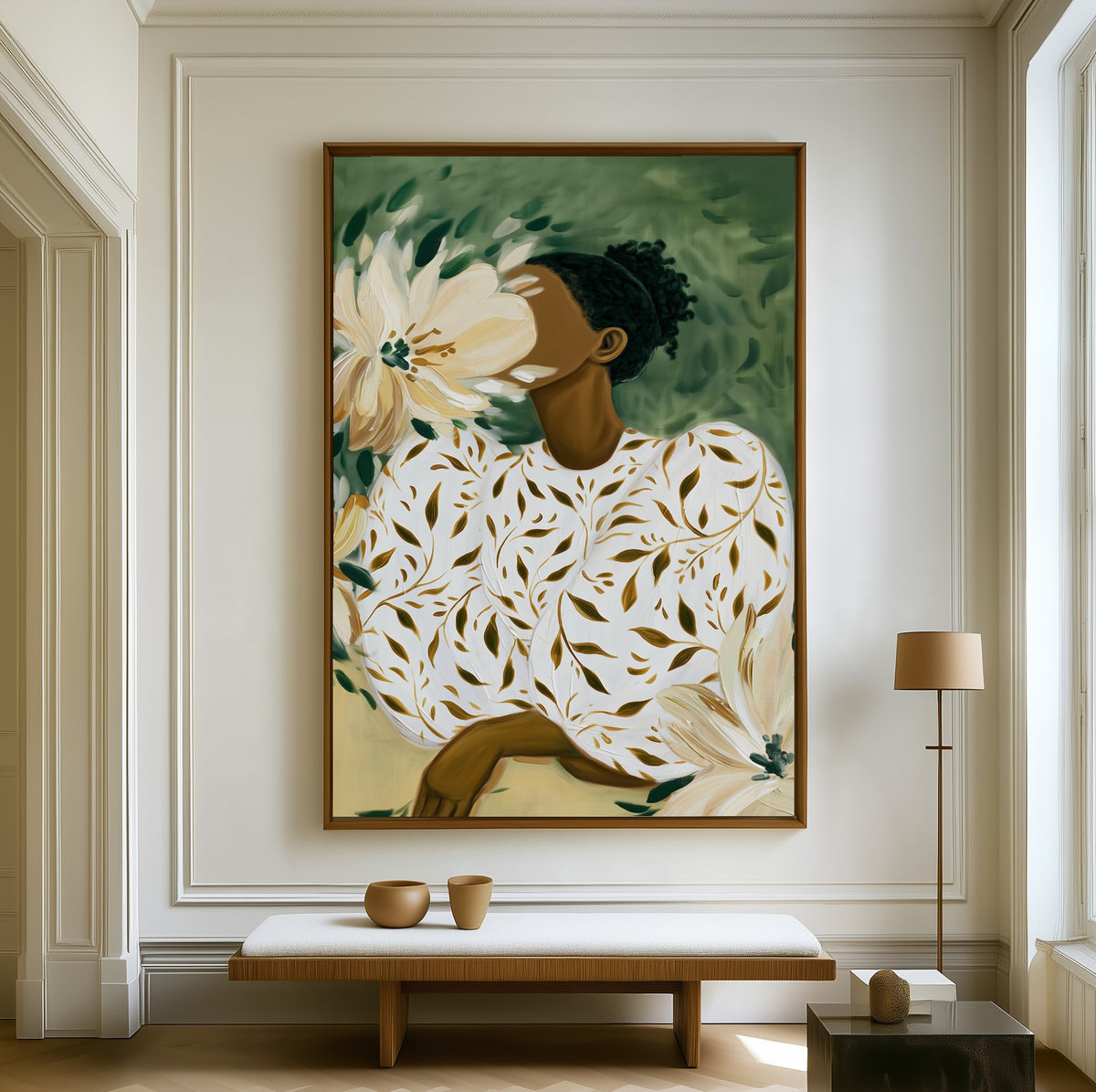 Hidden Bloom canvas above a walnut bench in a bright living room