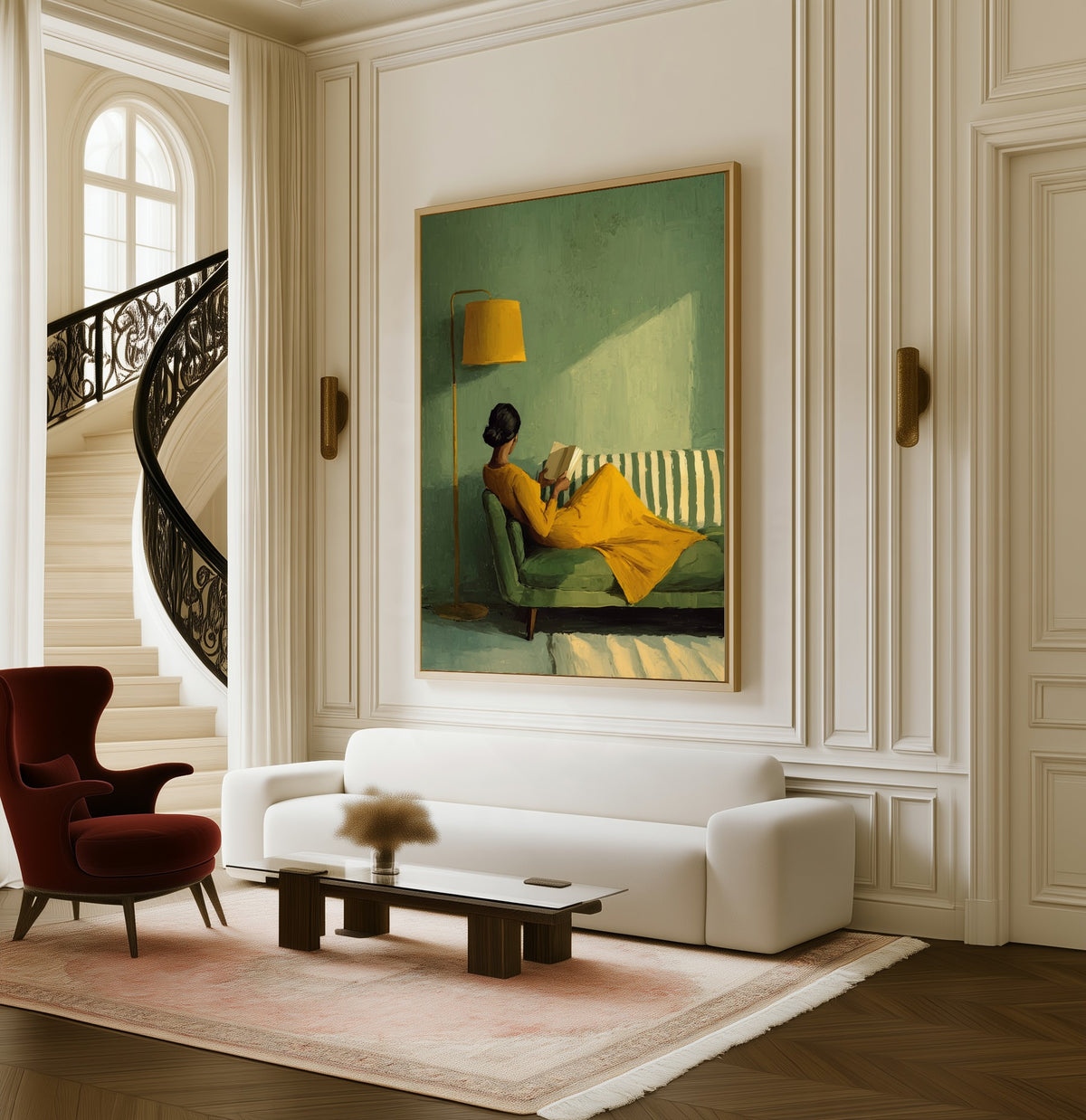 Reader in Yellow framed canvas in a living room beside a curved staircase