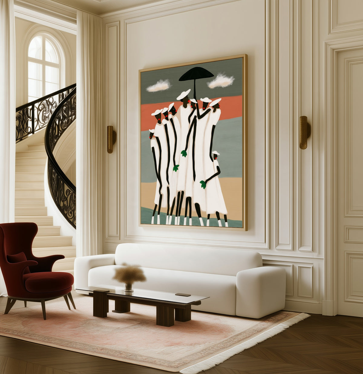 Under One Umbrella framed canvas in a living room beside a curved staircase