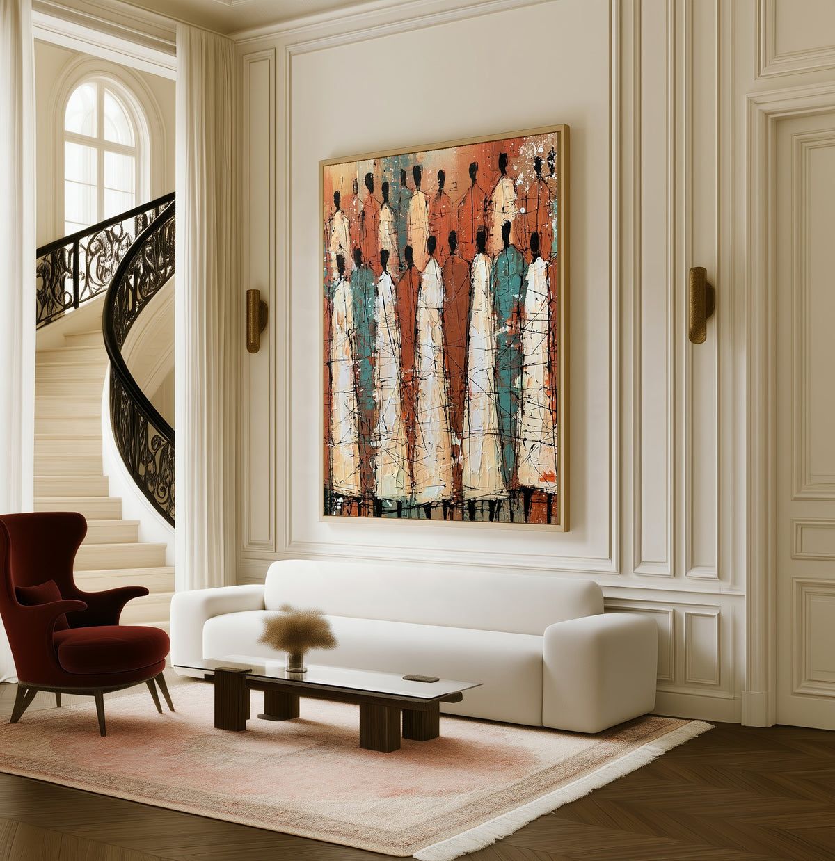 Standing Chorus framed canvas in a living room beside a curved staircase
